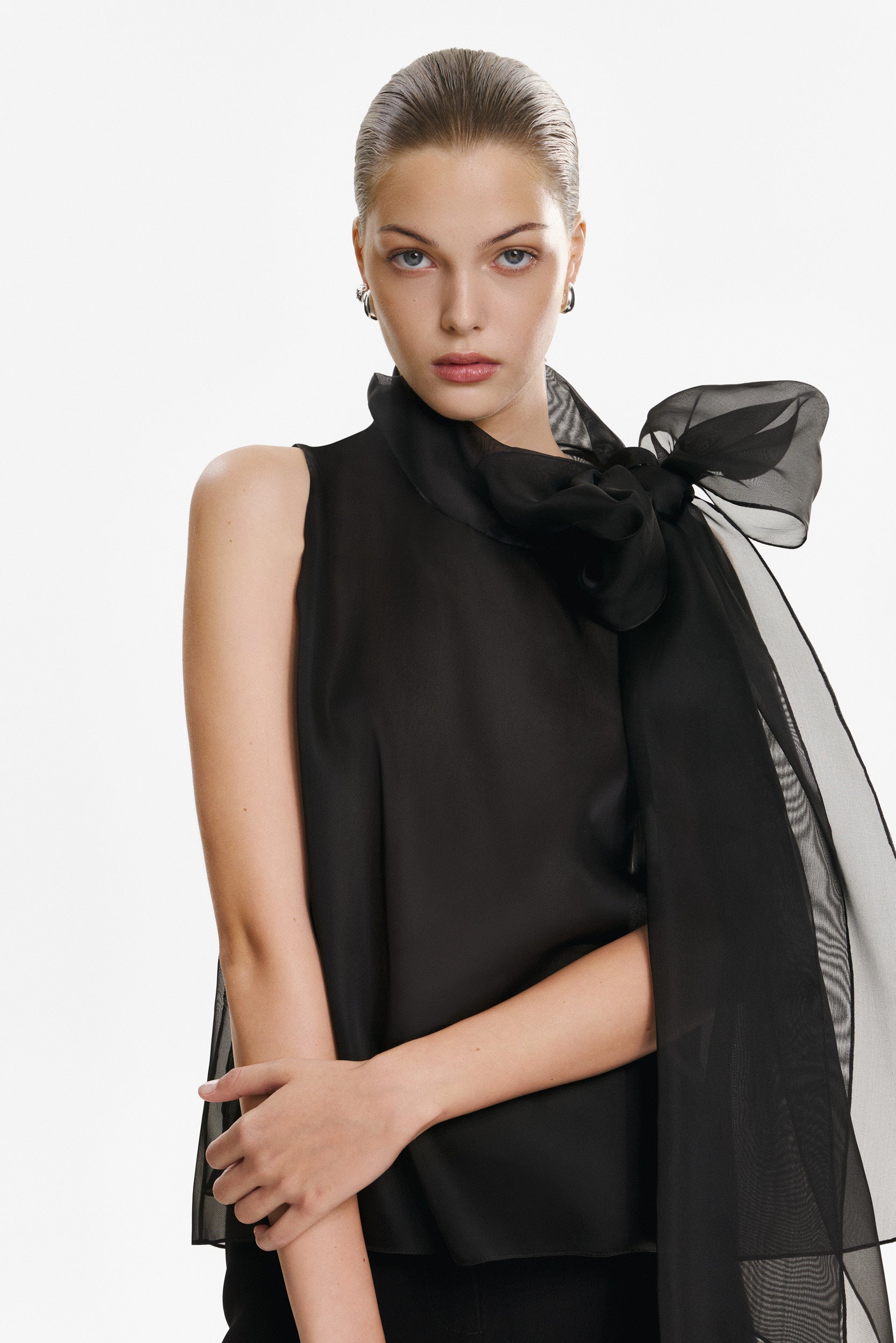 Short-Sleeve Sheer Black Bow Blouse