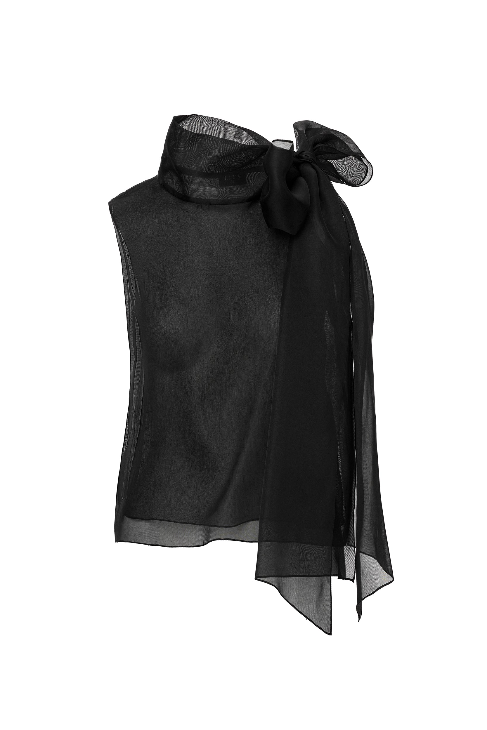 Short-Sleeve Sheer Black Bow Blouse