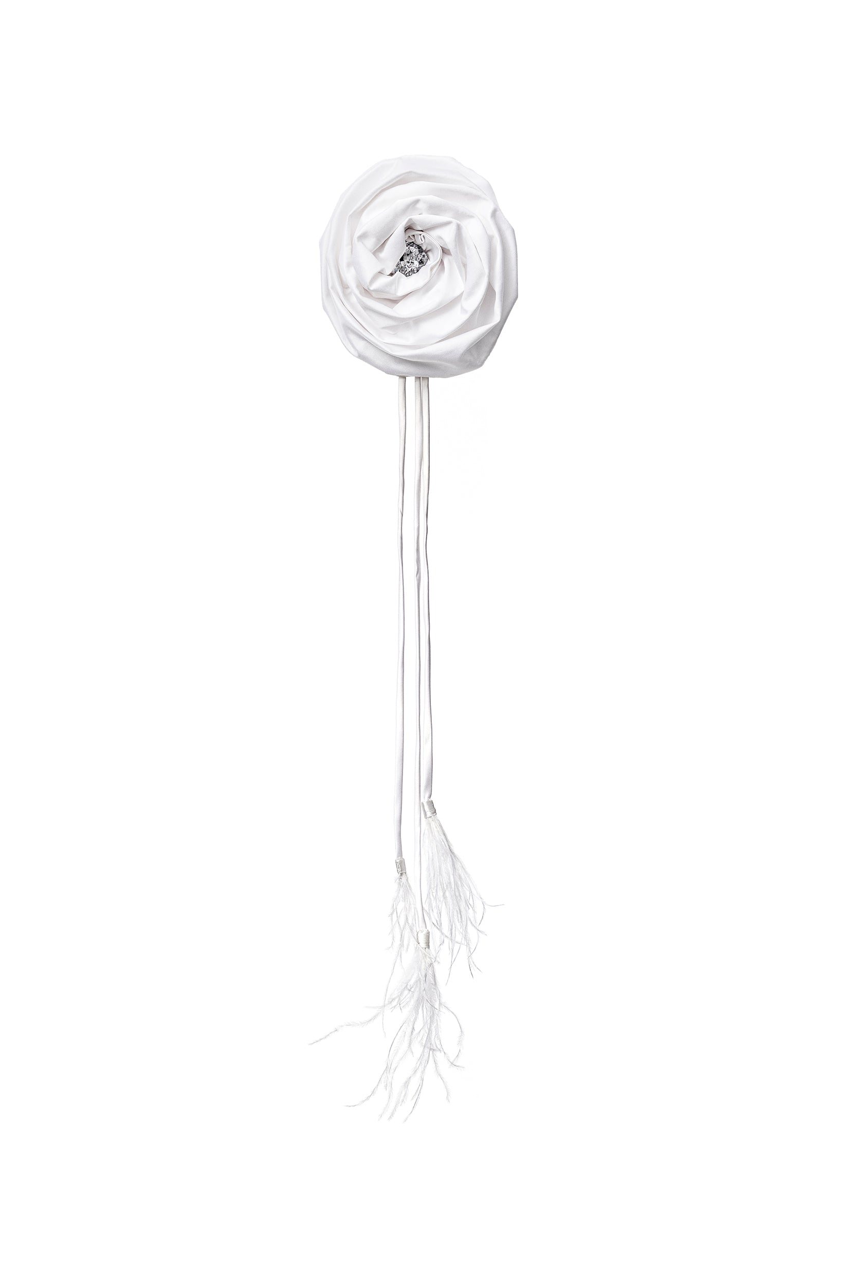 Signature rosette white satin tie with feathers