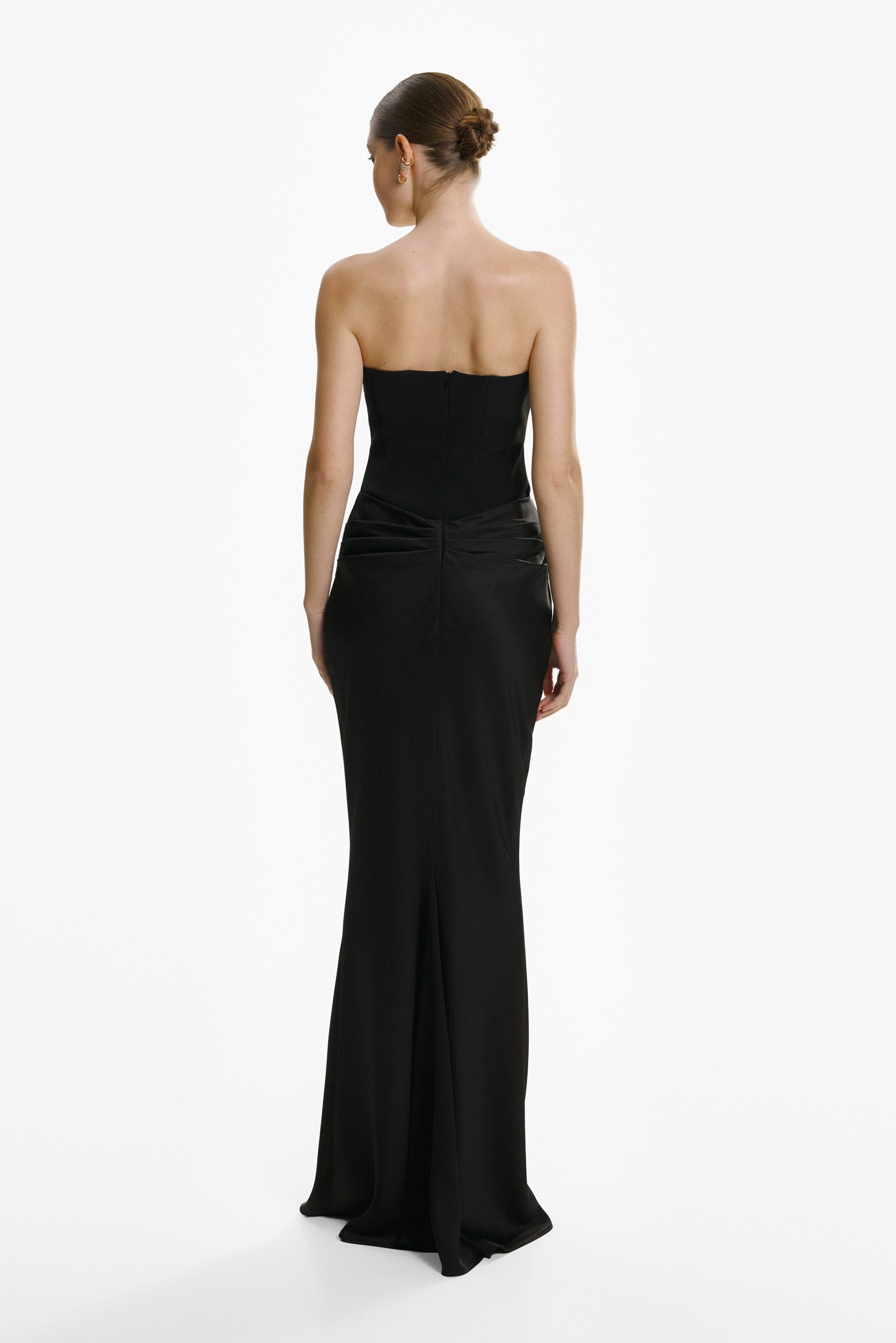 Strapless draped black gown