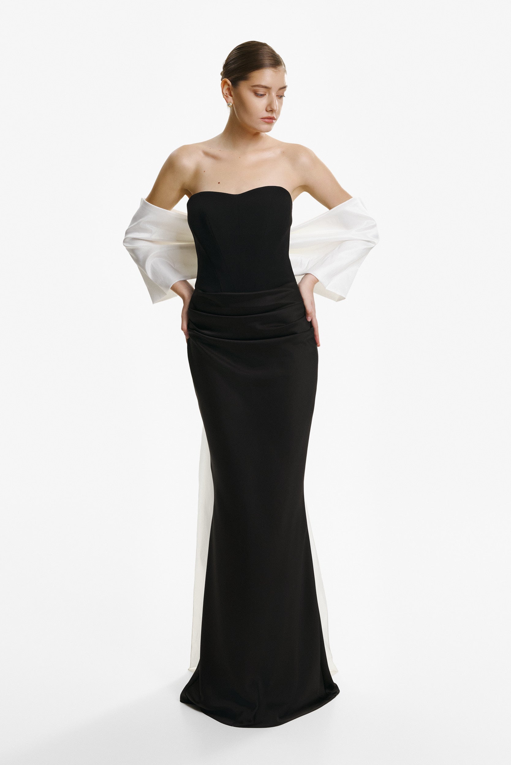 Strapless draped black gown