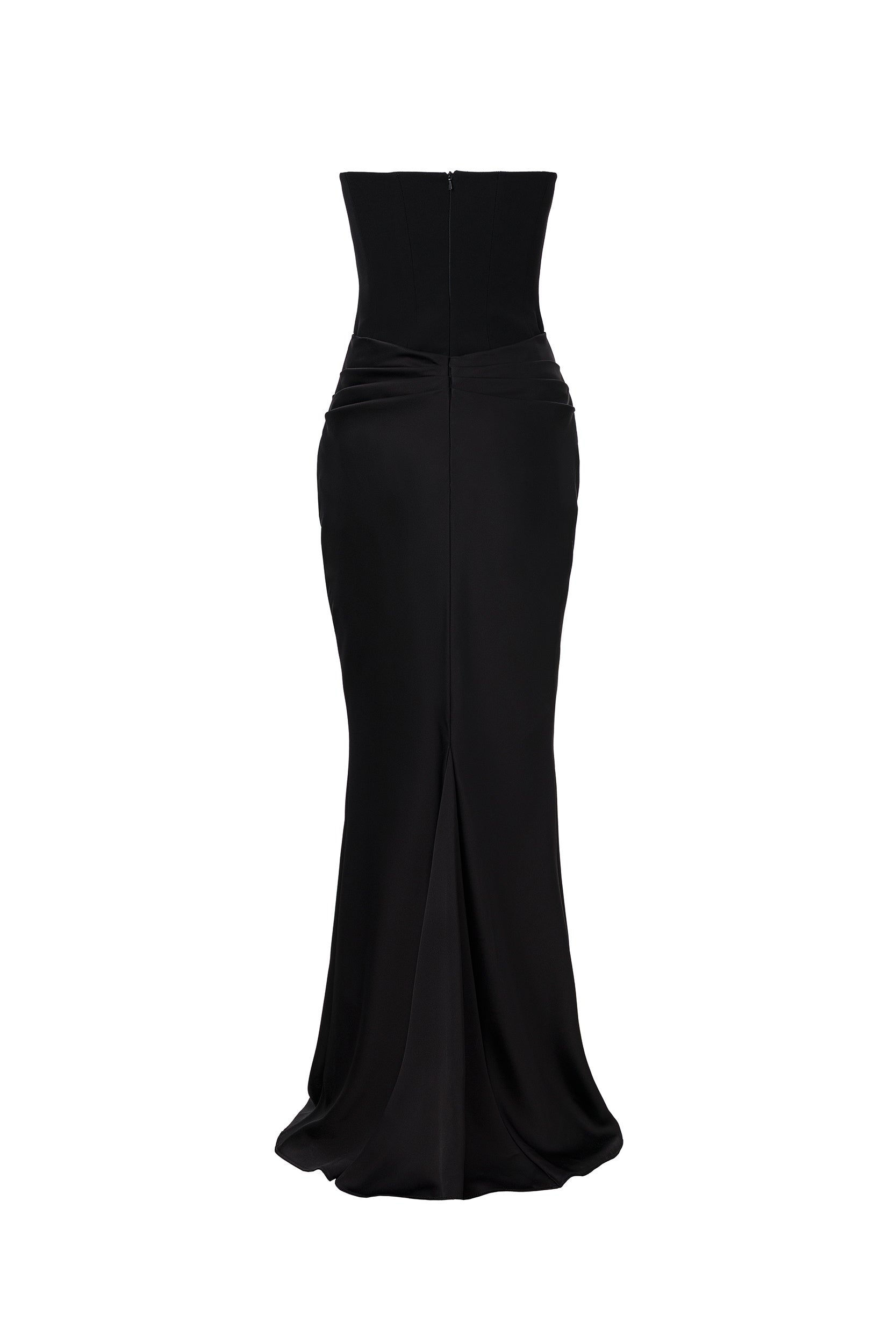 Strapless draped black gown