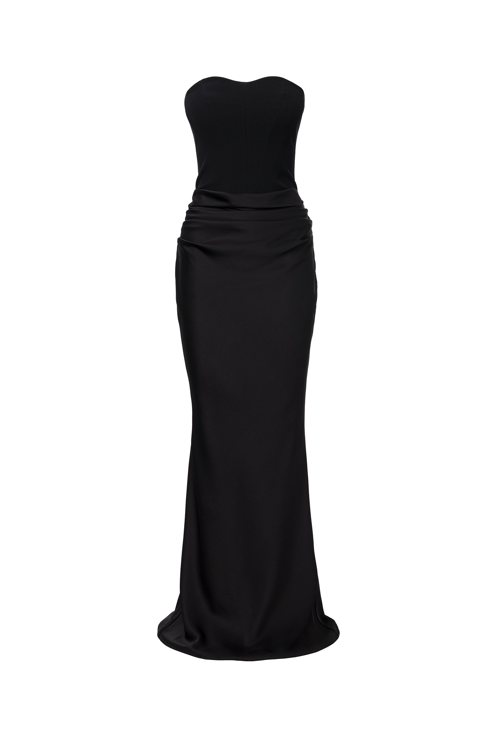 Strapless draped black gown