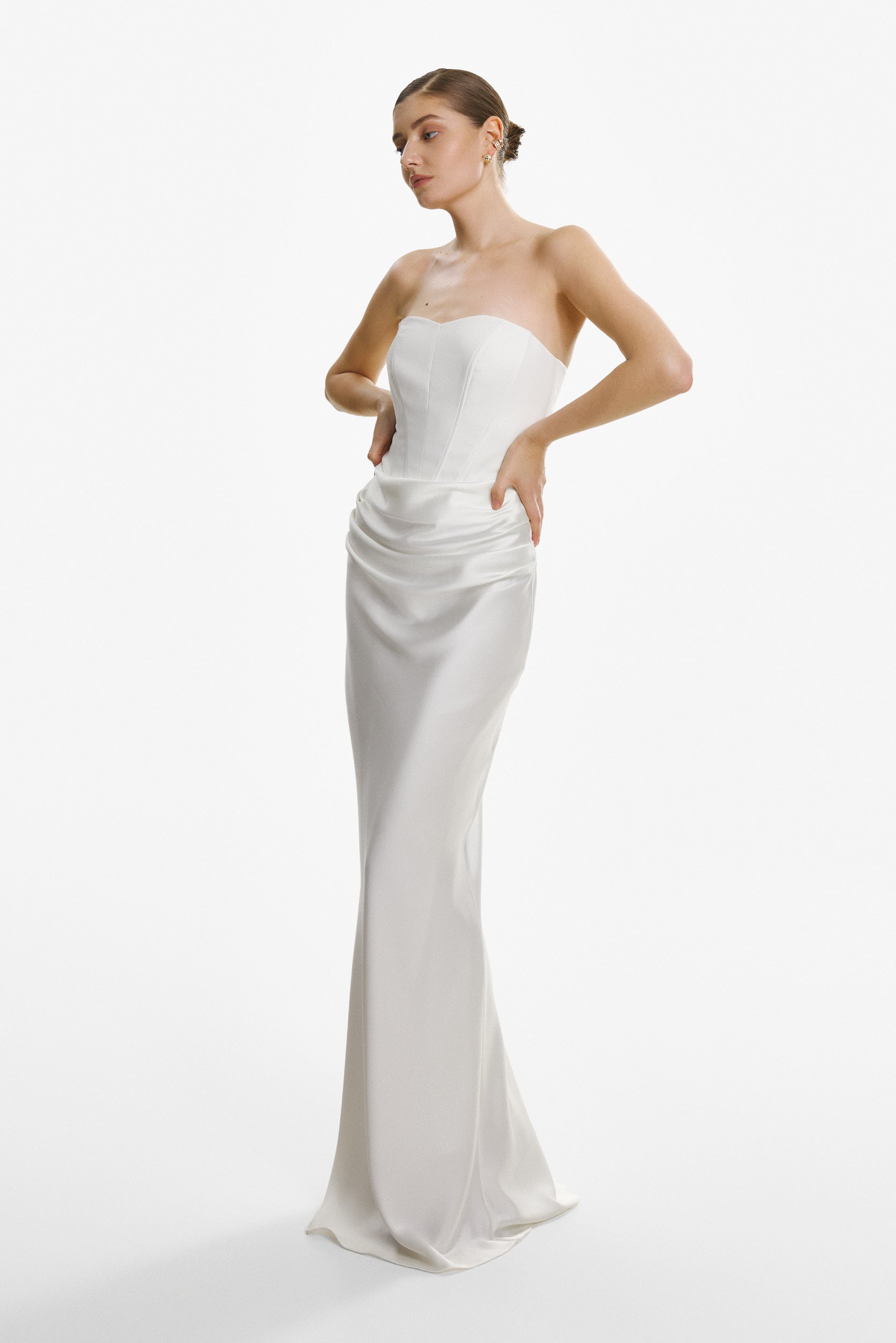 Strapless draped white gown
