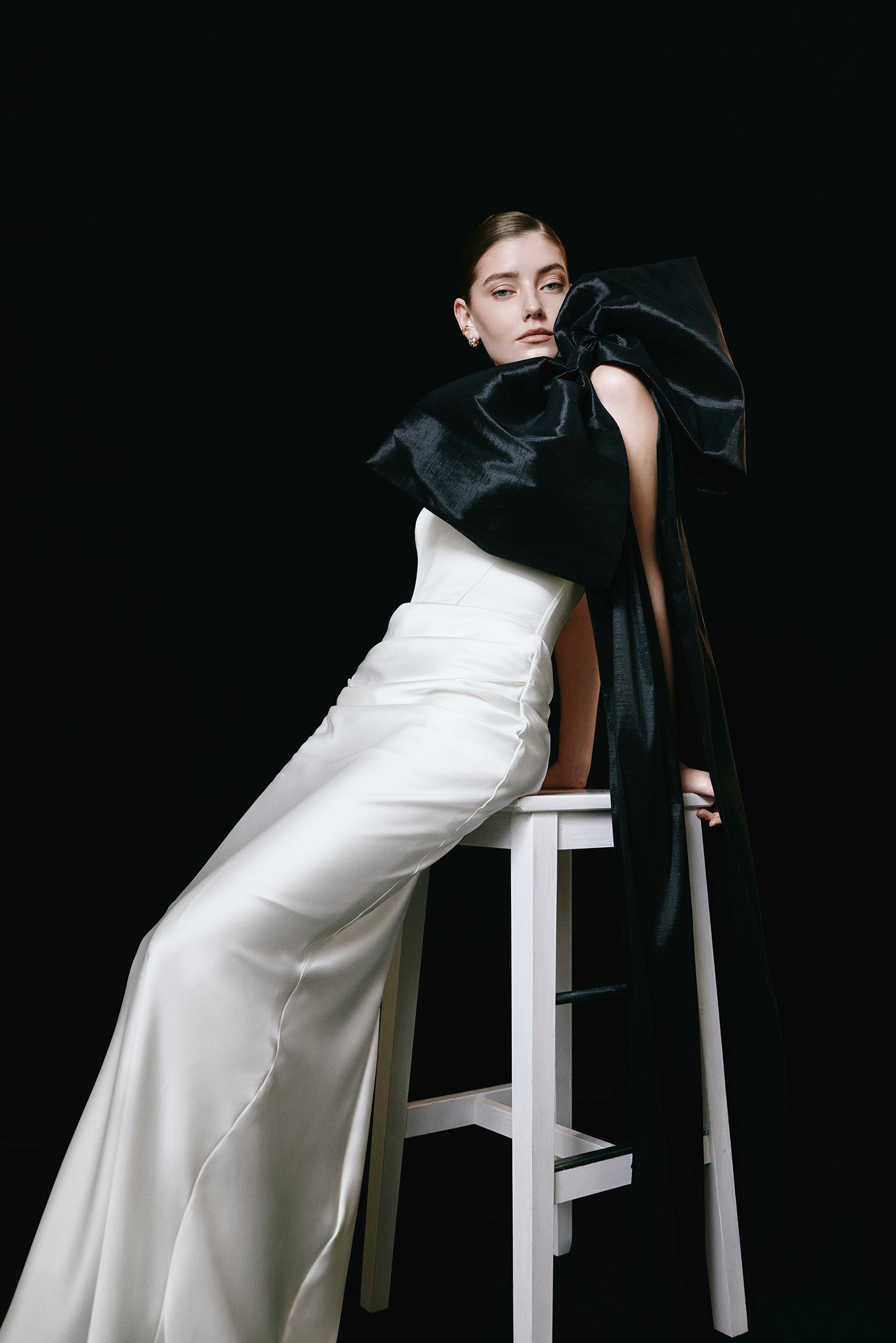 Strapless draped white gown