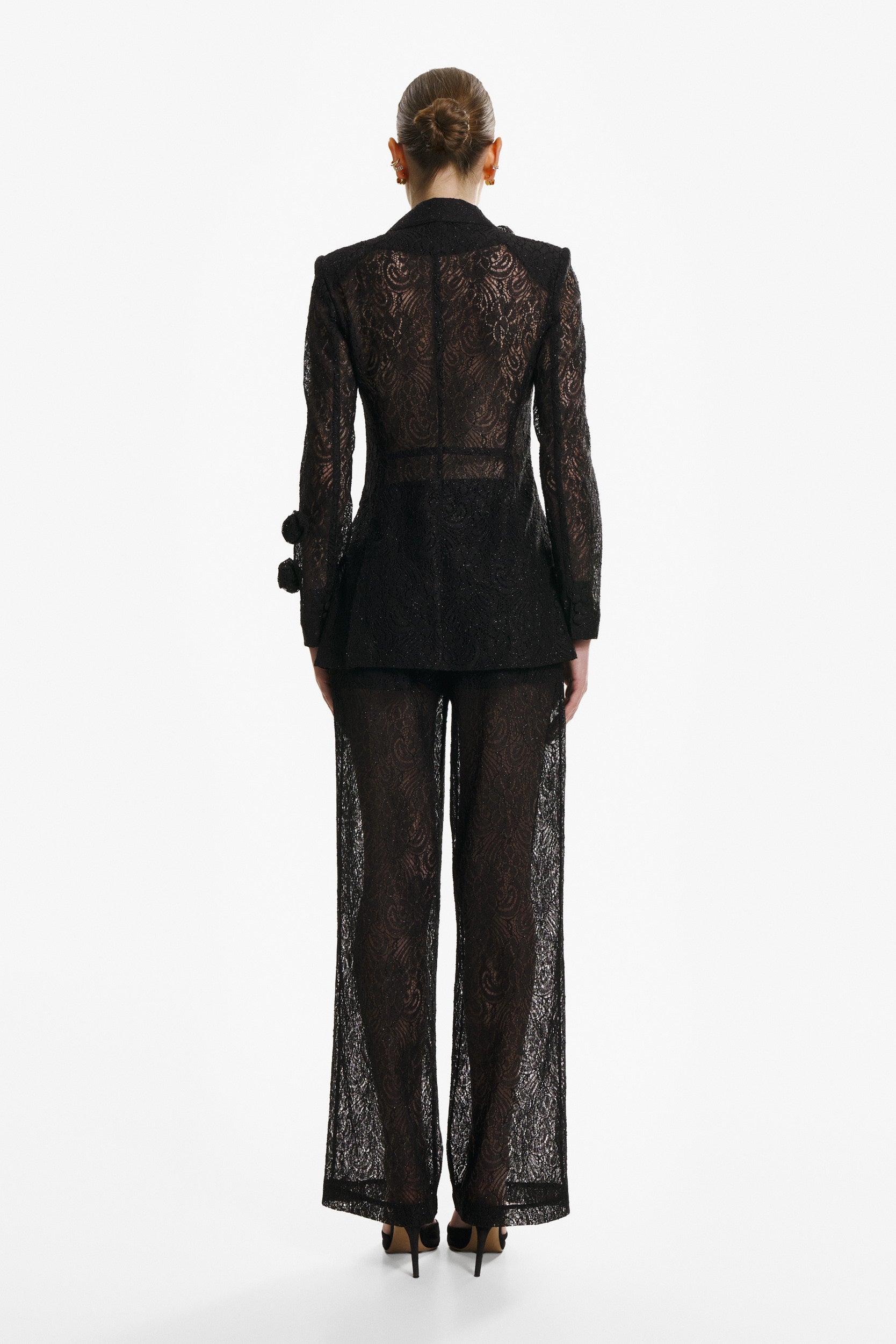 Wide-leg lace trousers in black