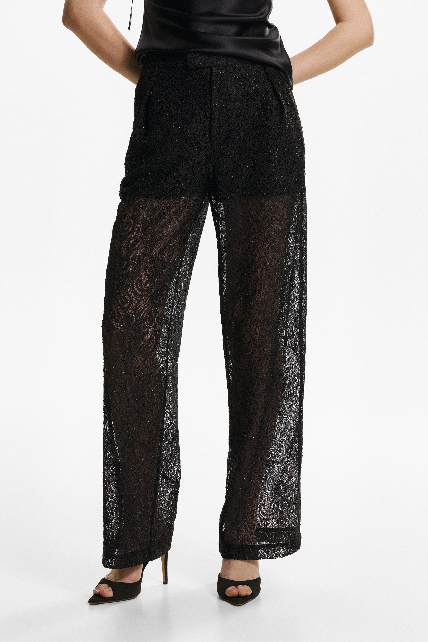 Wide-leg lace trousers in black