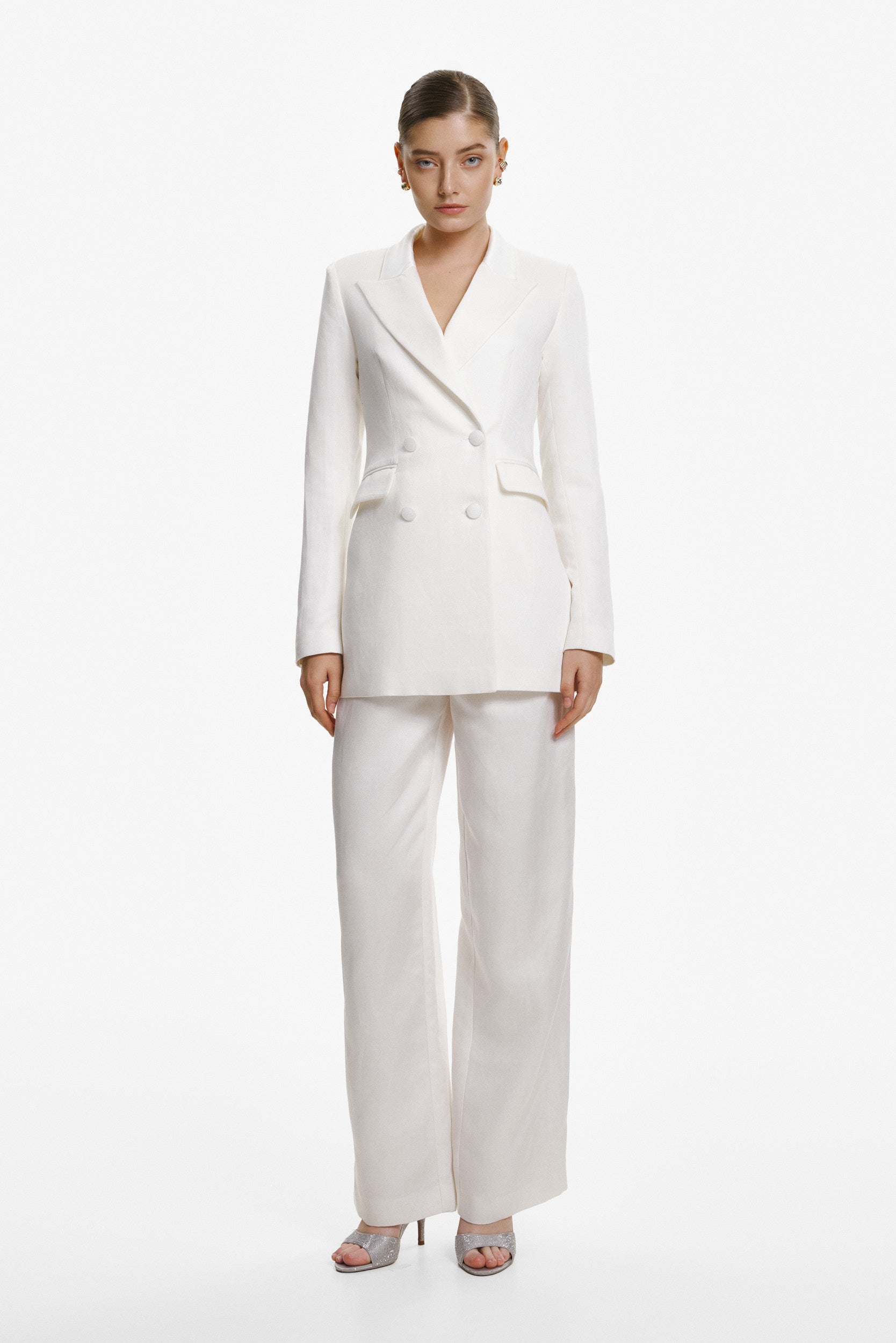 Wide-leg linen trousers in white with satin waistband