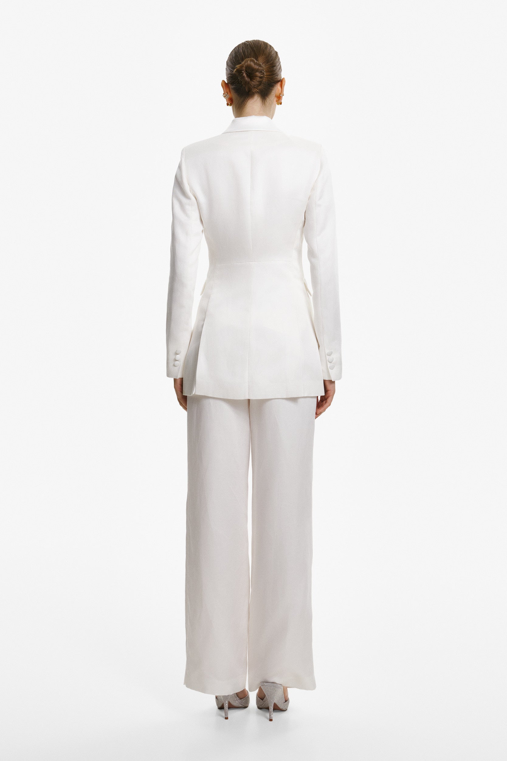 Wide-leg linen trousers in white with satin waistband