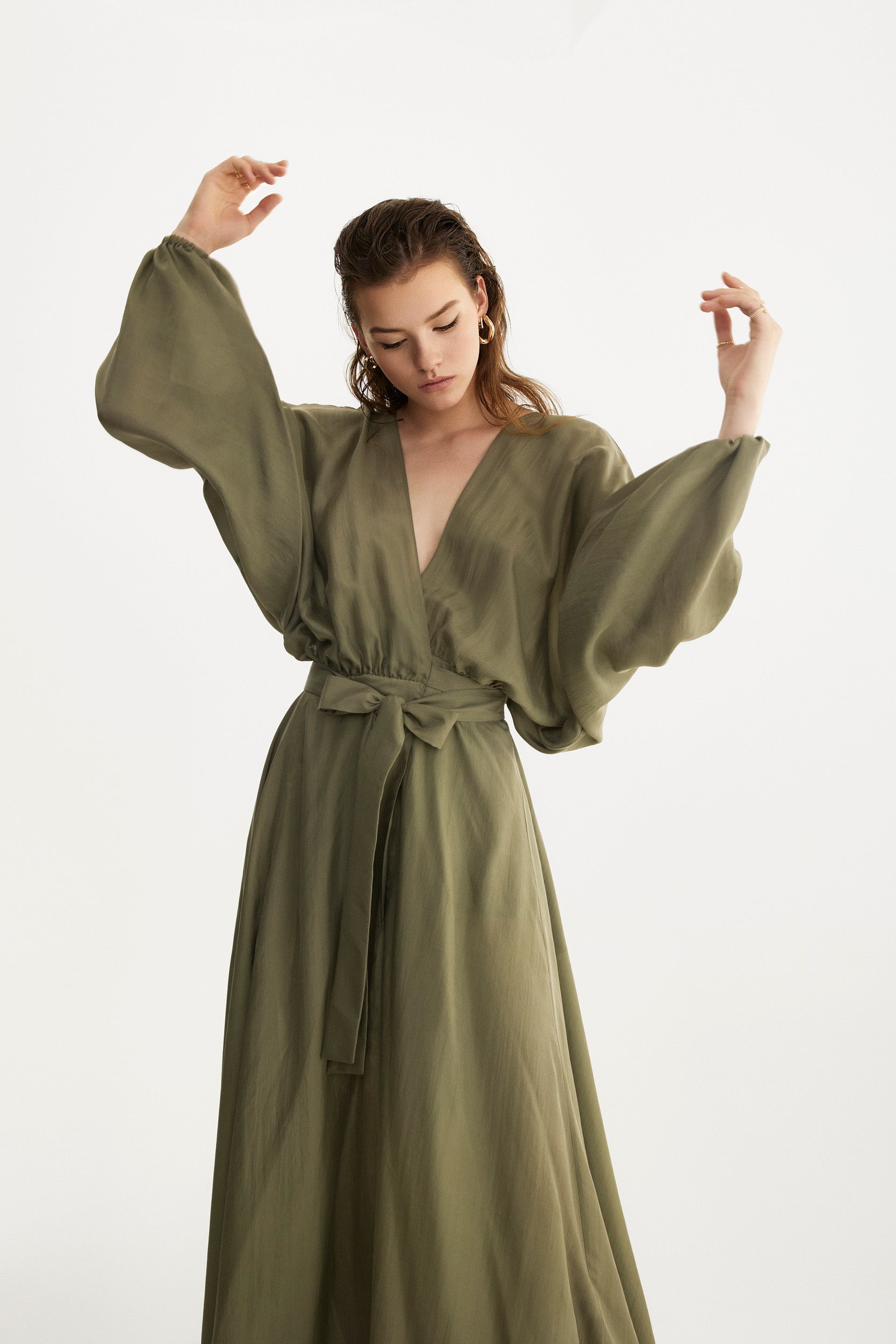 Pure silk wrap dress in olive