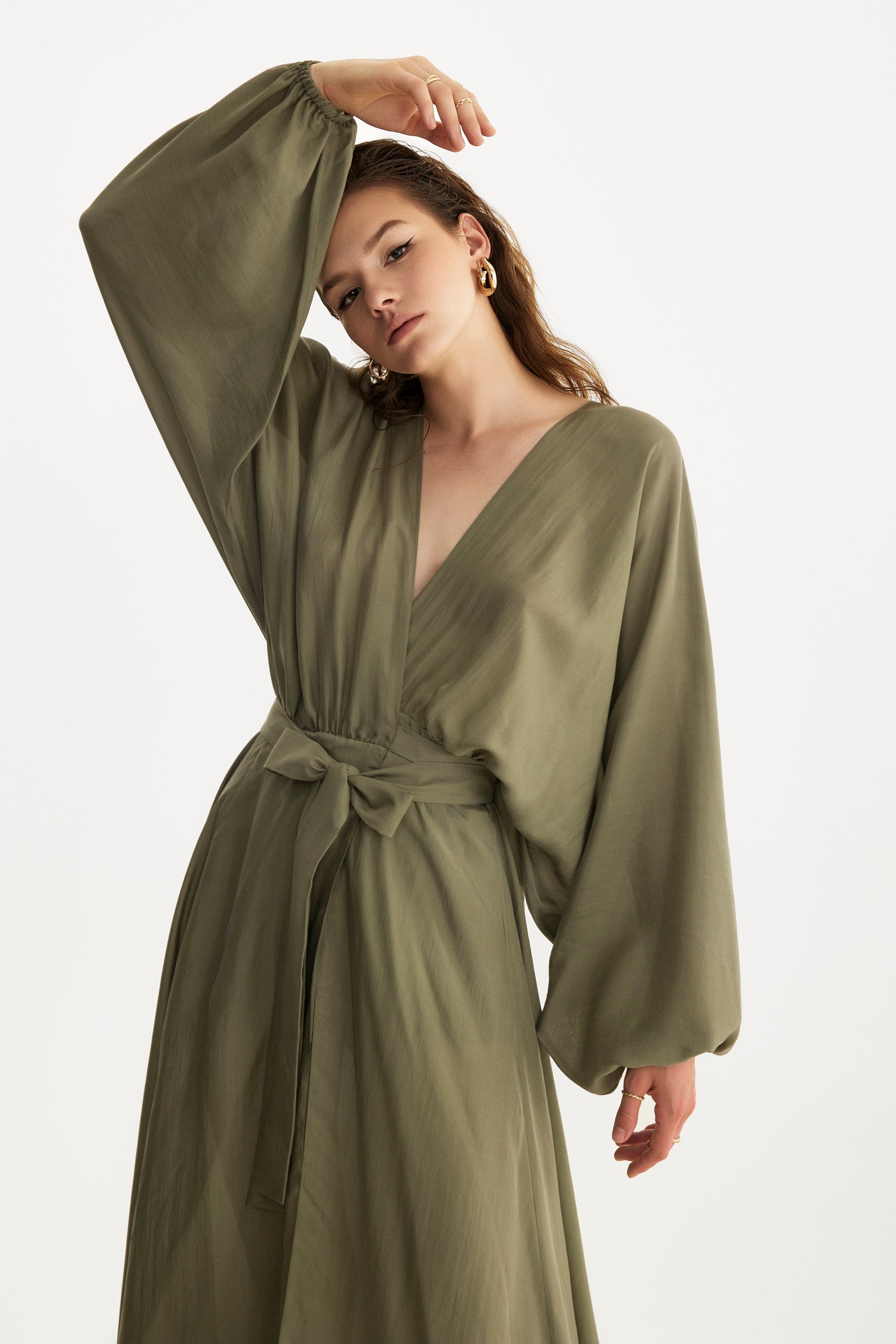 Pure silk wrap dress in olive