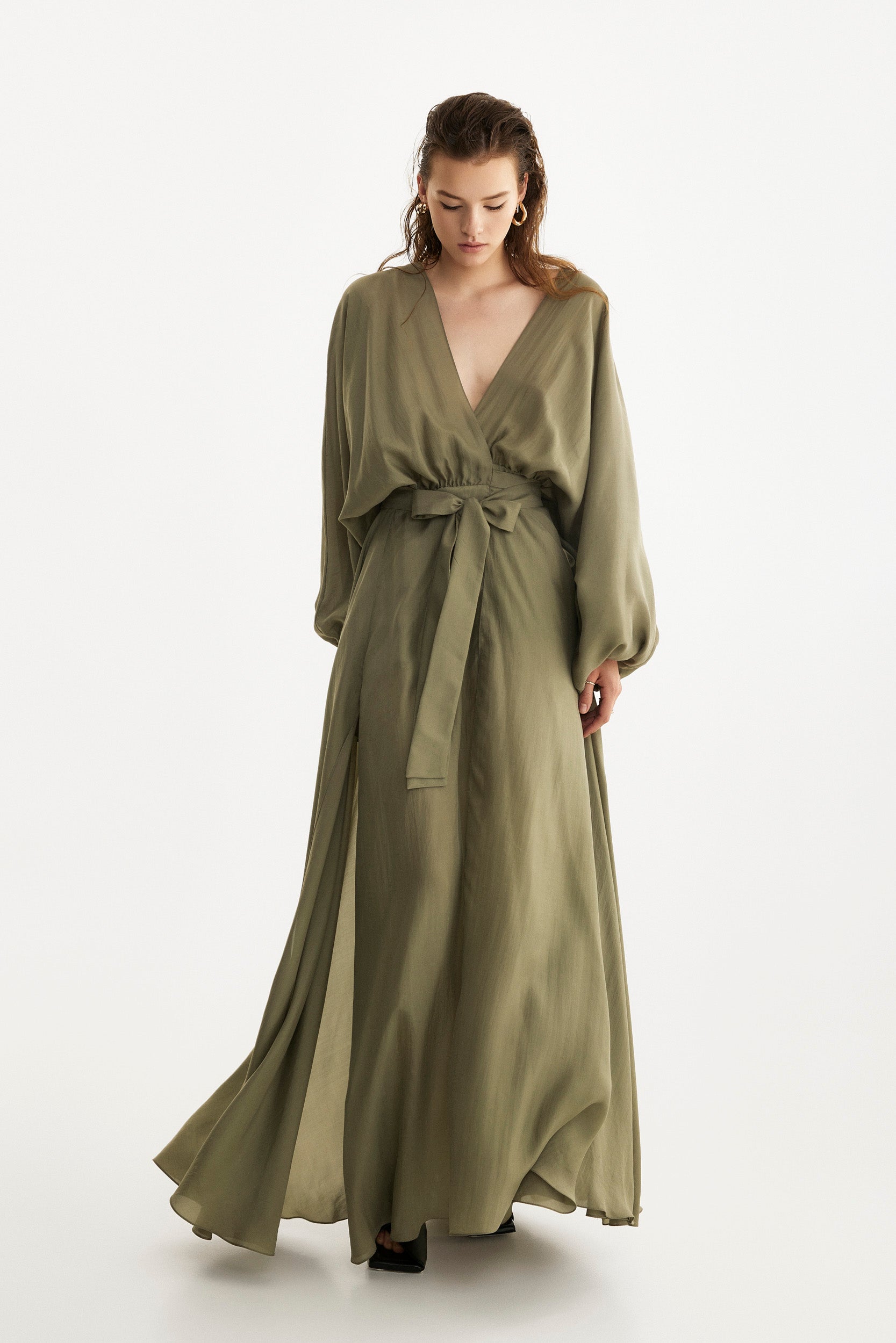 Pure silk wrap dress in olive