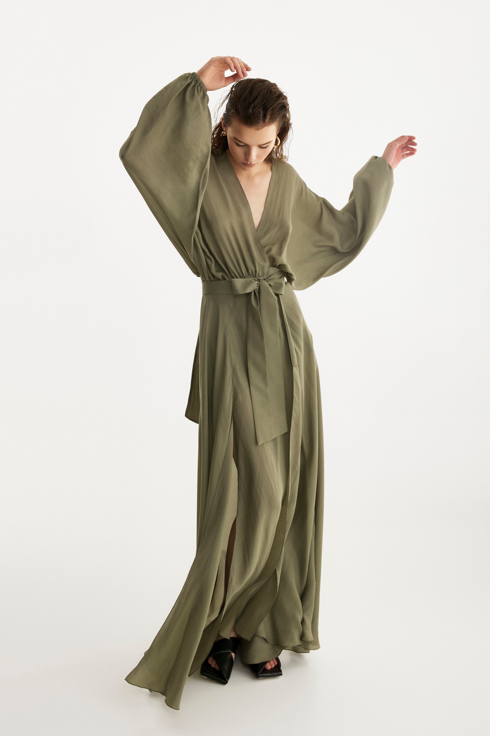 Pure silk wrap dress in olive