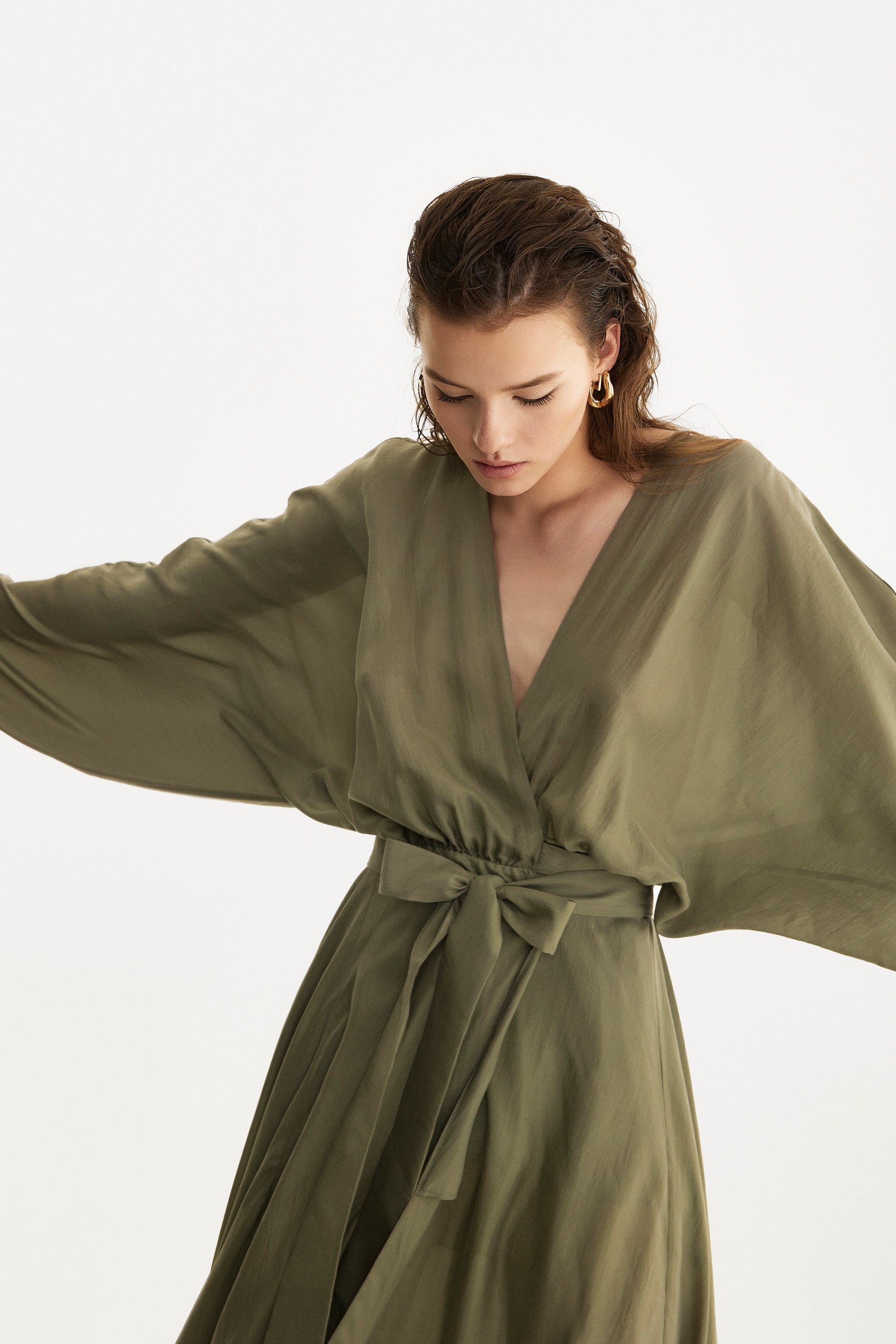 Pure silk wrap dress in olive