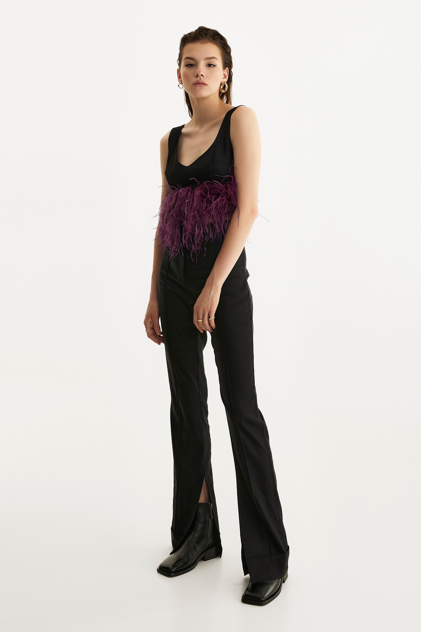 Black feather-trimmed crop top
