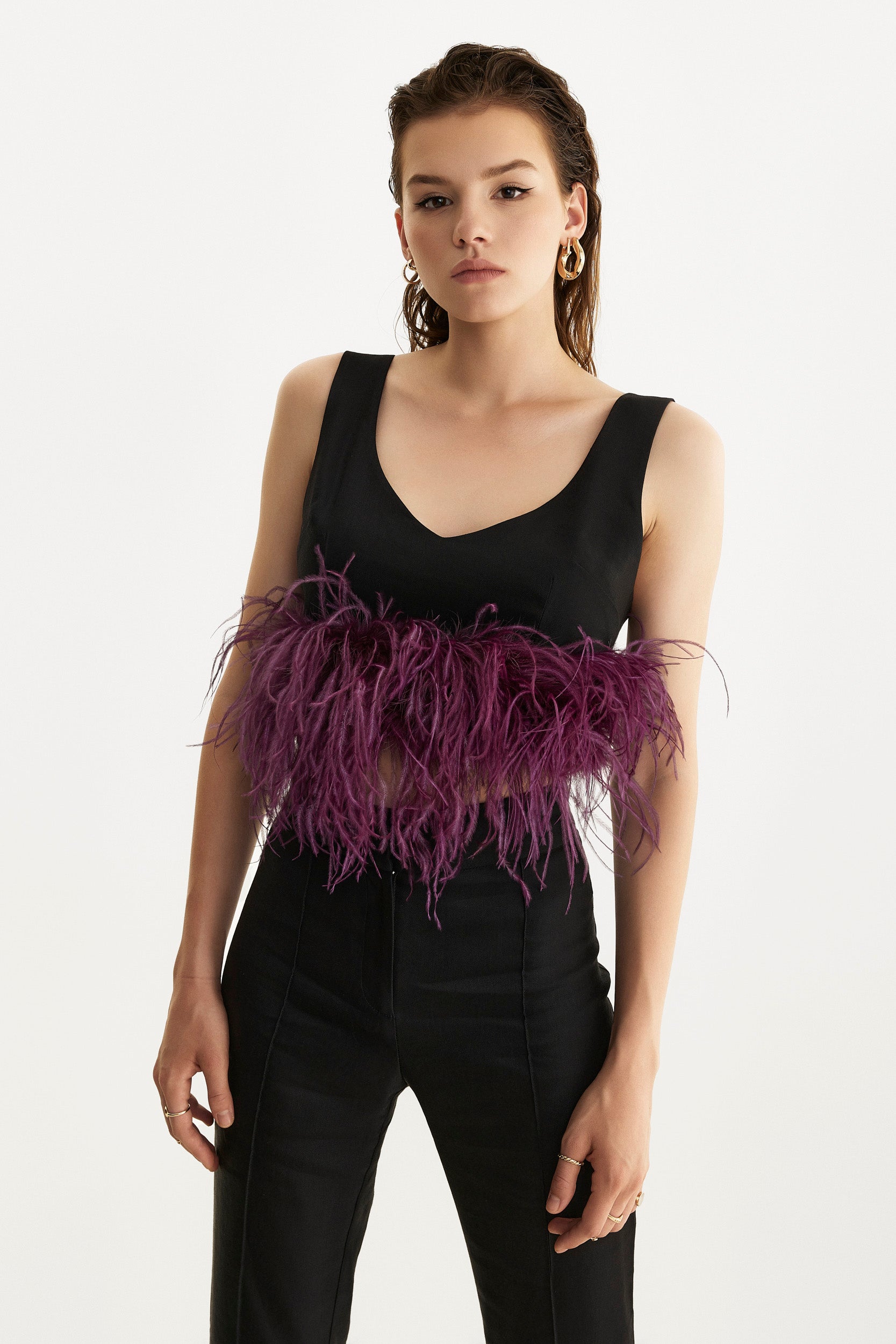 Black feather-trimmed crop top