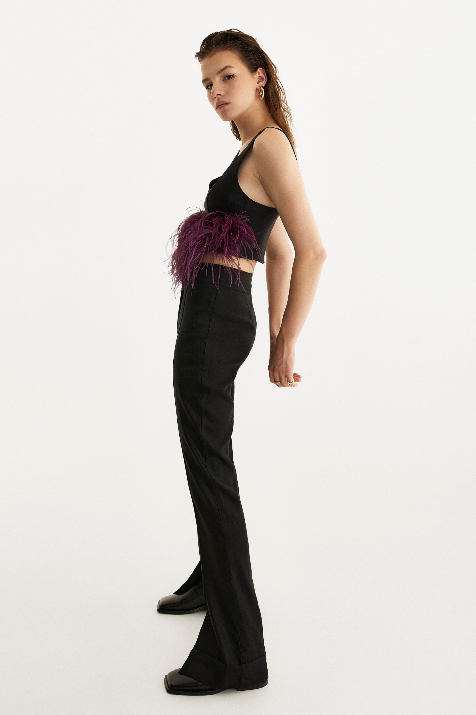 Black feather-trimmed crop top