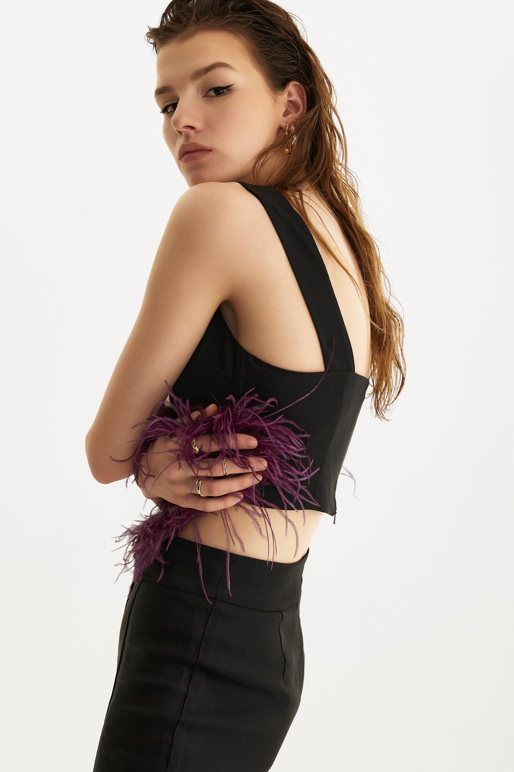 Black feather-trimmed crop top