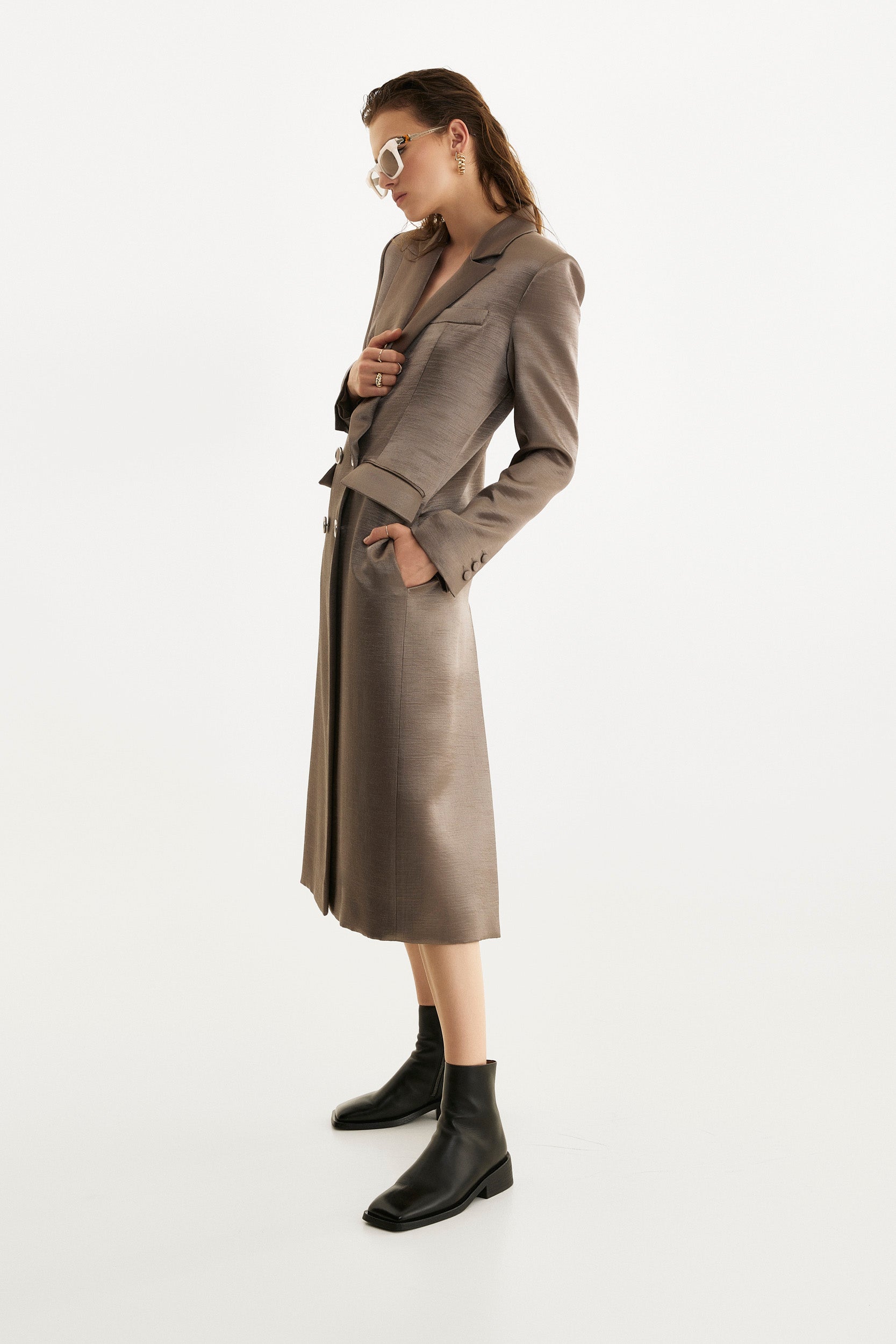 Belted midi trench coat in liquid silver