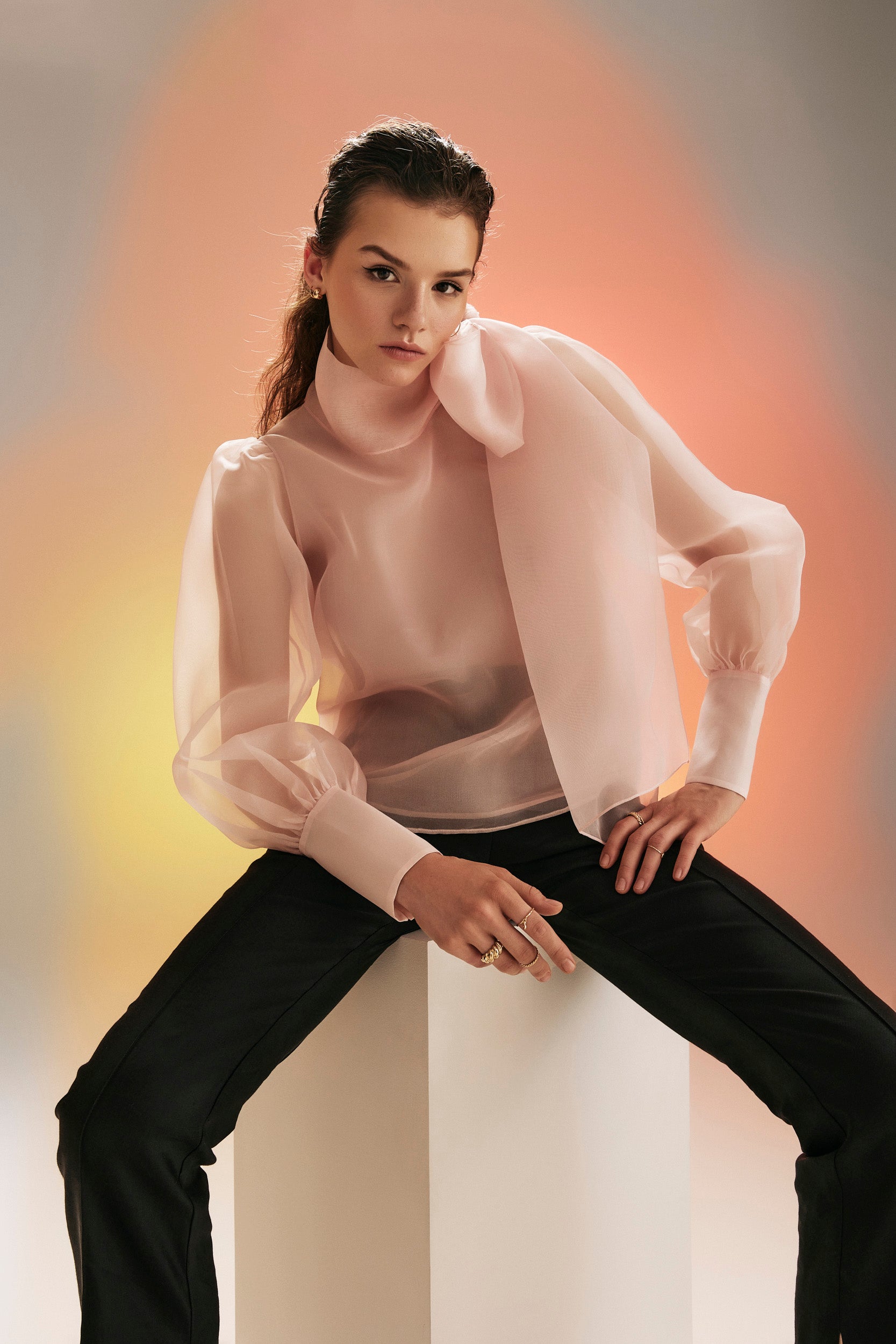 Sheer pink organza-silk blouse