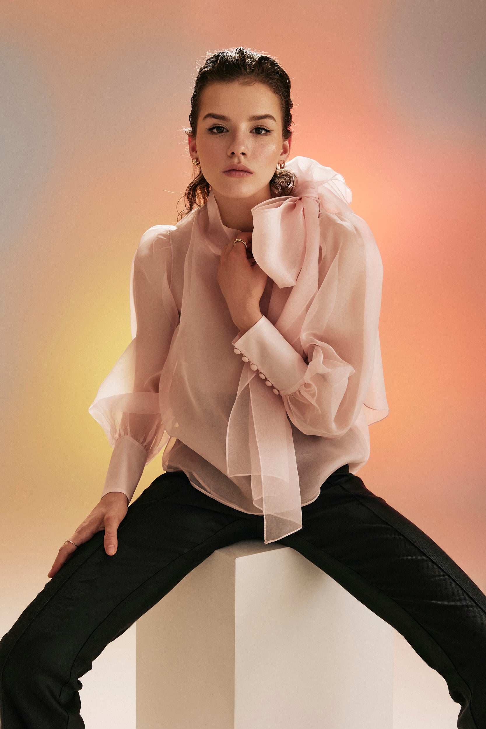 Sheer pink organza-silk blouse