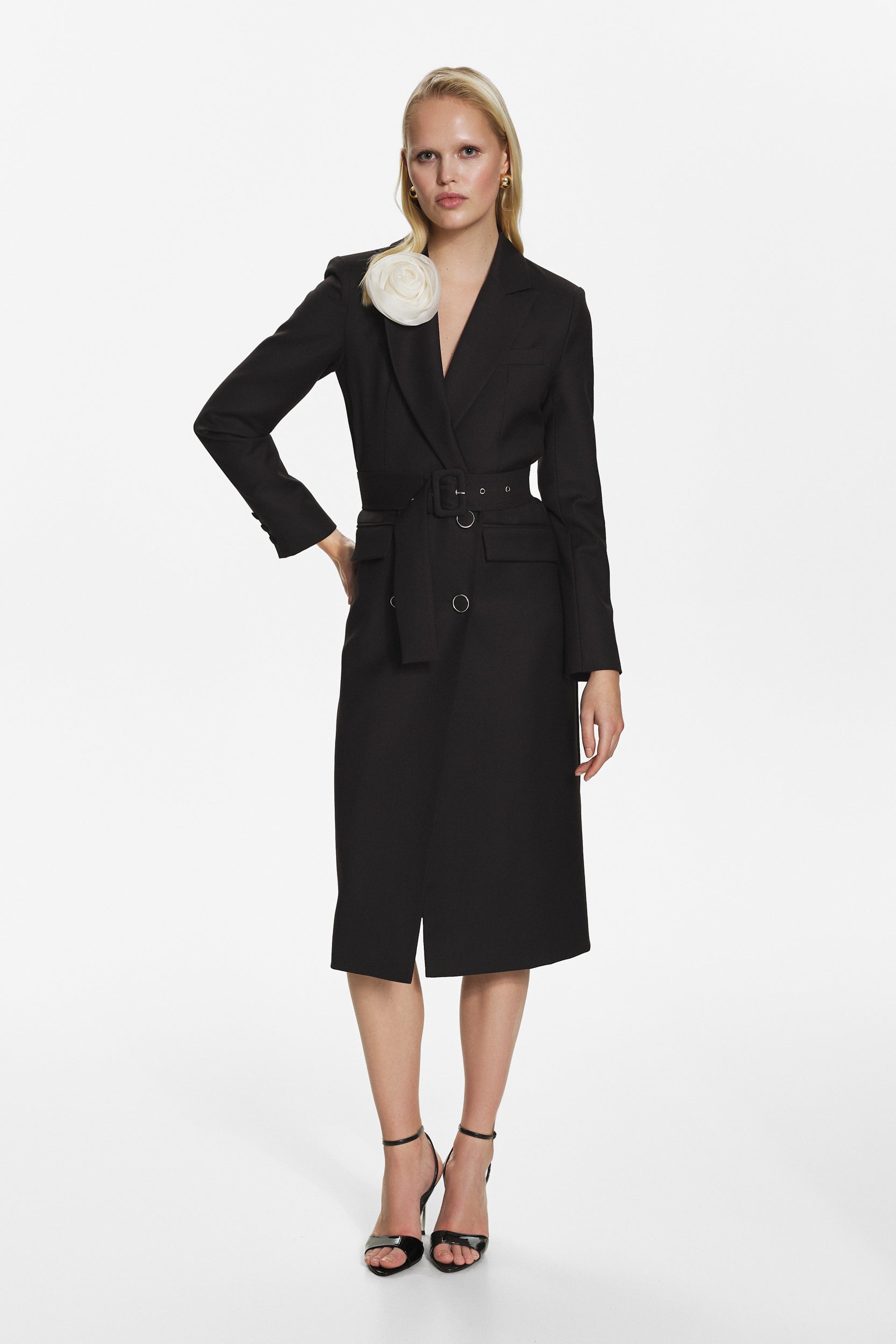 Belted midi trench coat in black
