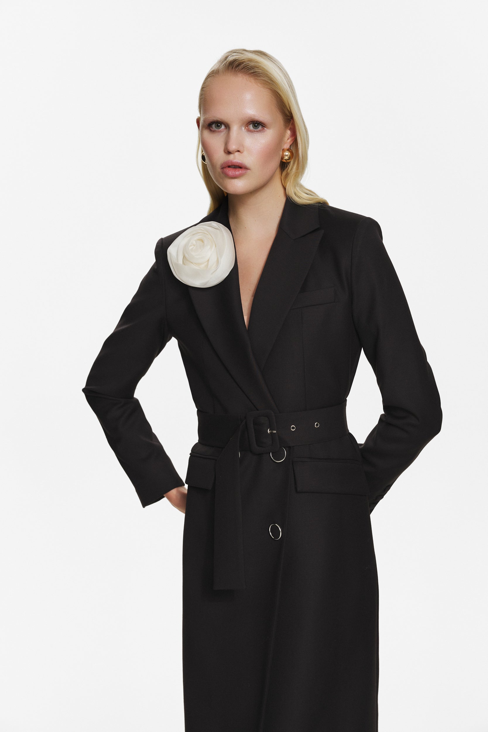 Belted midi trench coat in black
