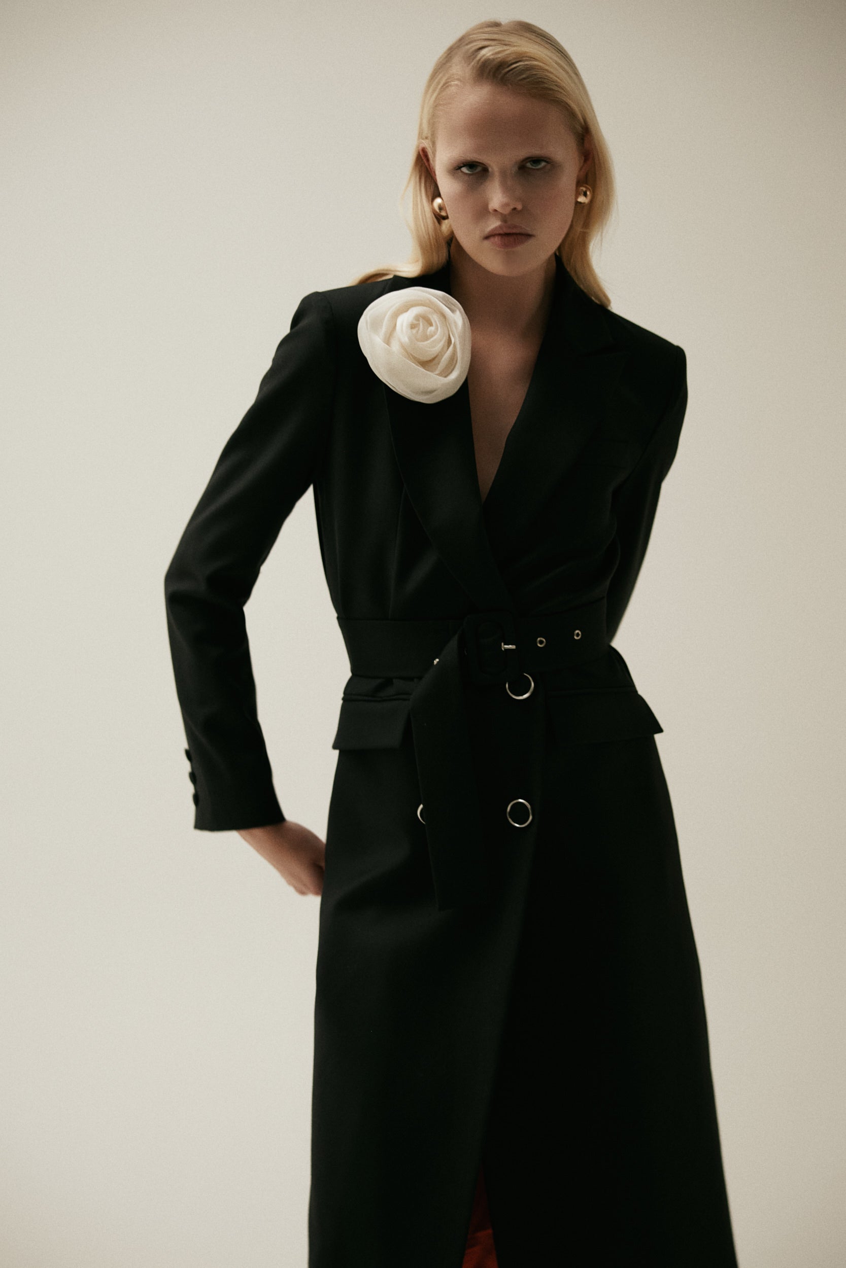 Belted midi trench coat in black