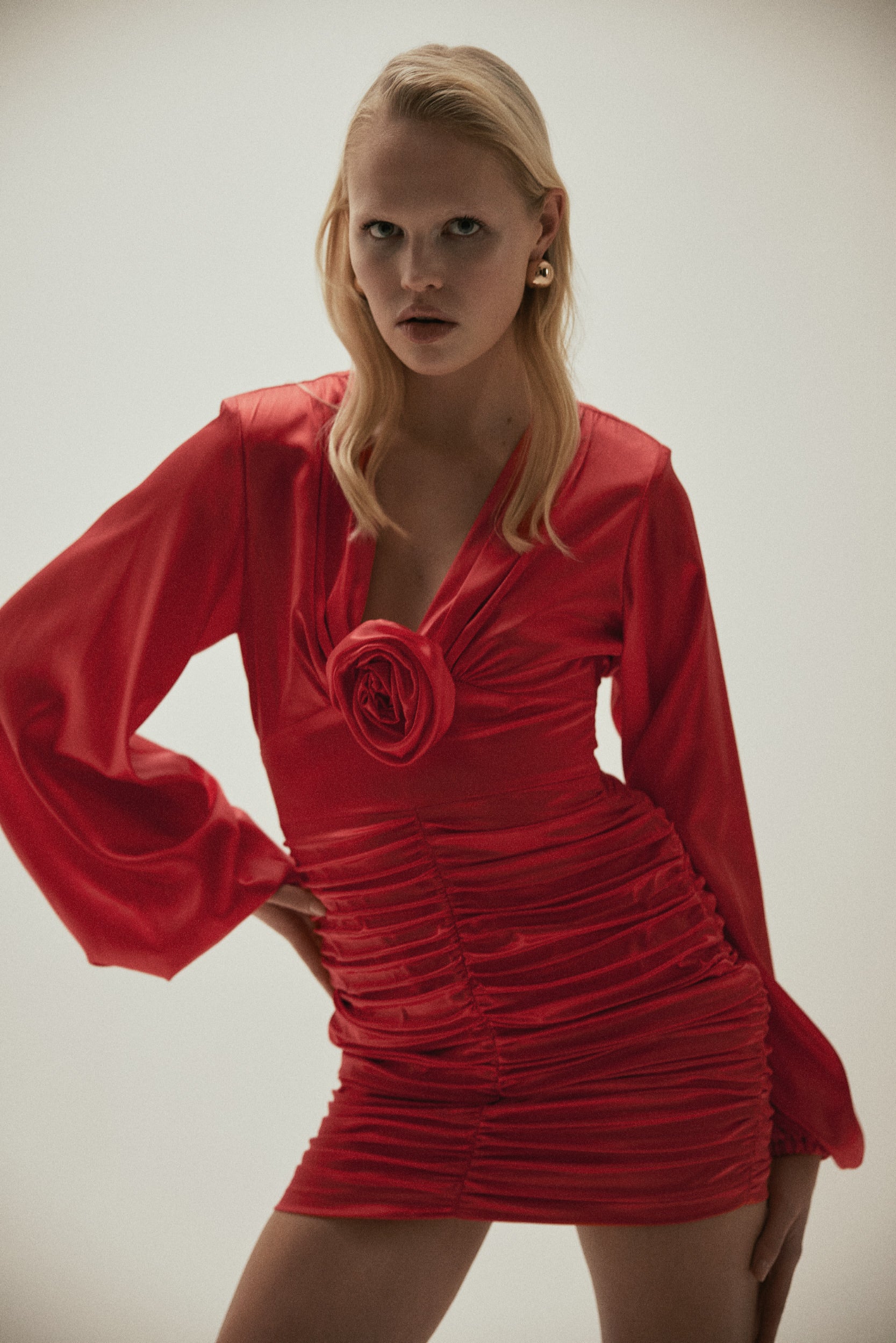 Ruched floral-appliqué red dress