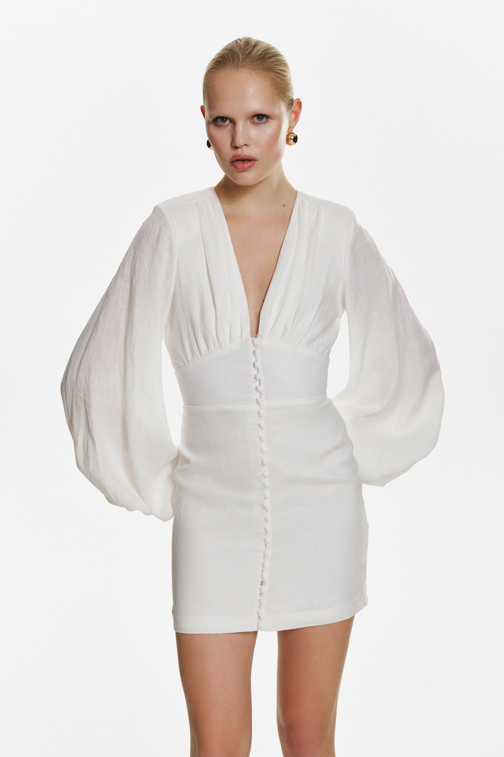 Button-up linen mini dress in white