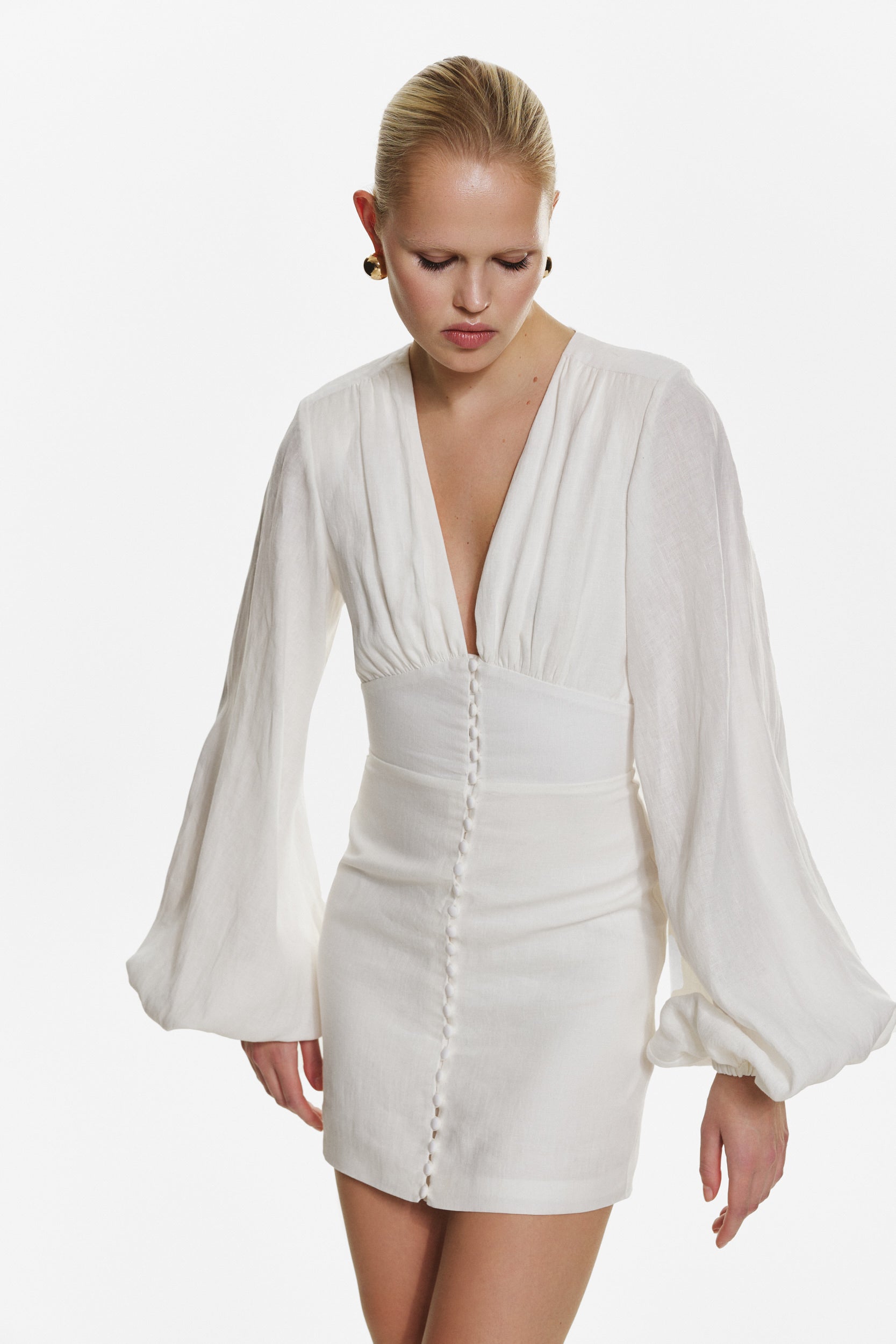 Button-up linen mini dress in white