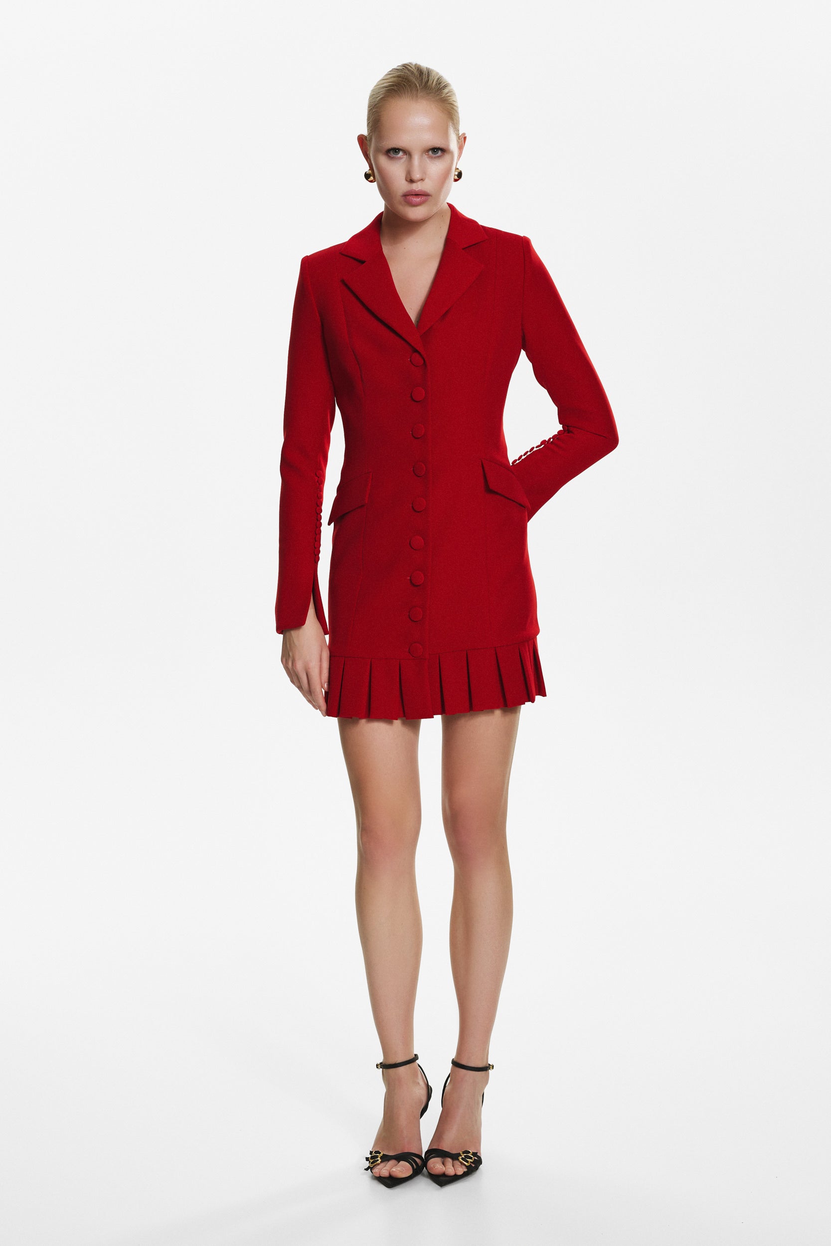 Elegant mini red dress with buttons and pleats
