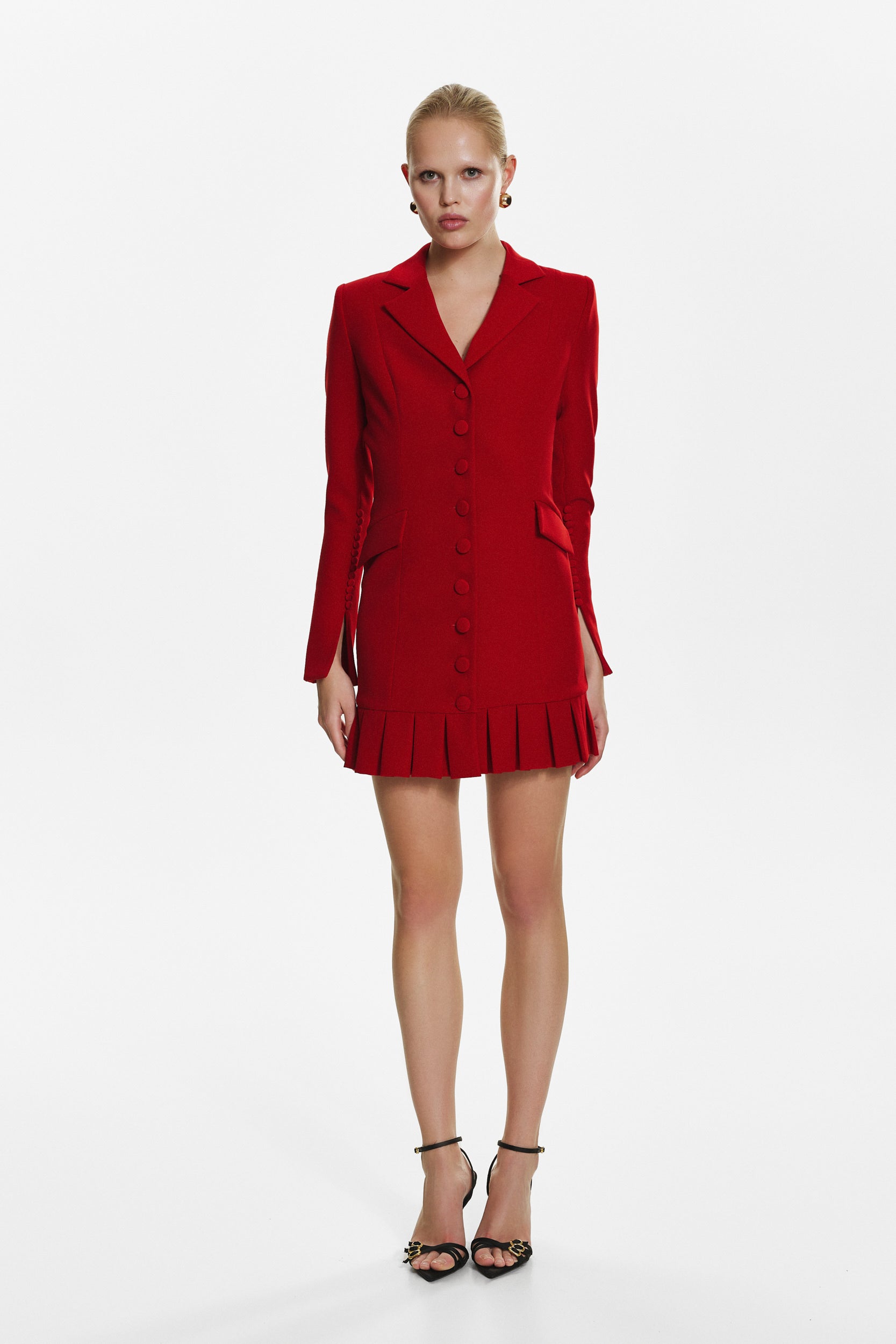 Elegant mini red dress with buttons and pleats