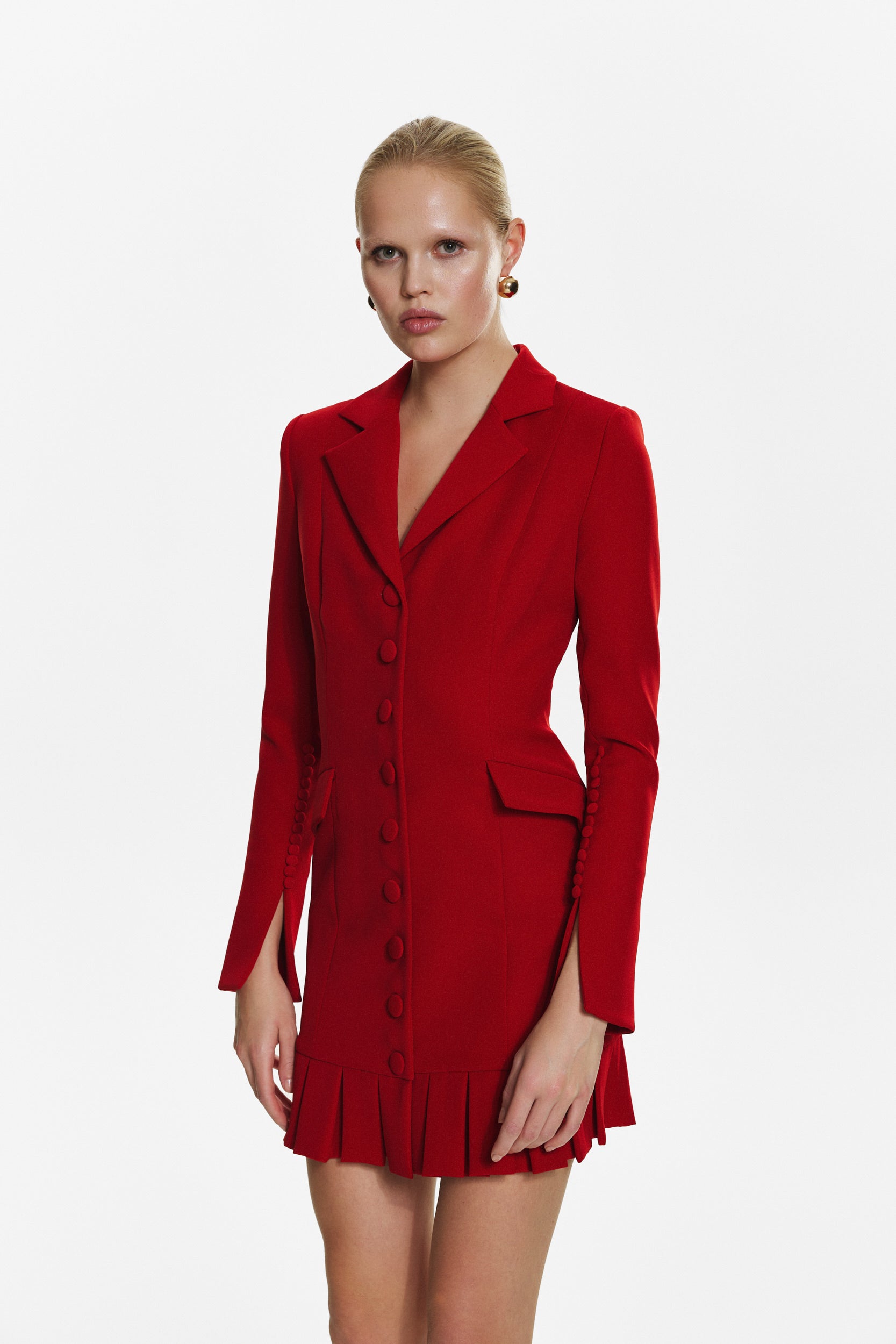Elegant mini red dress with buttons and pleats