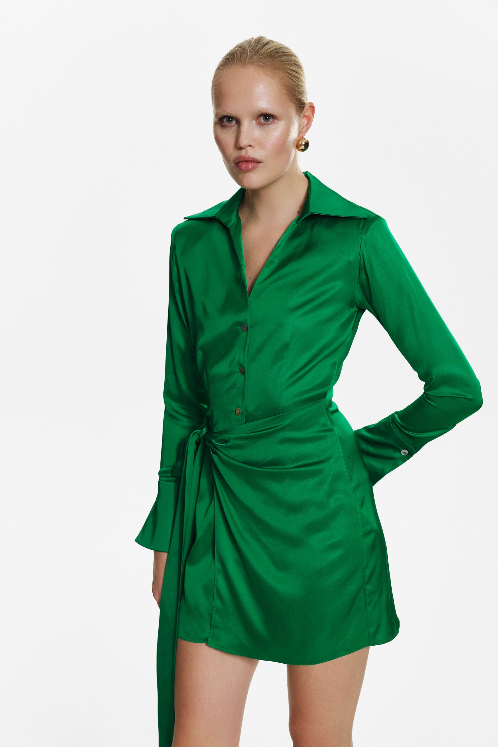 Green satin mini wrap dress