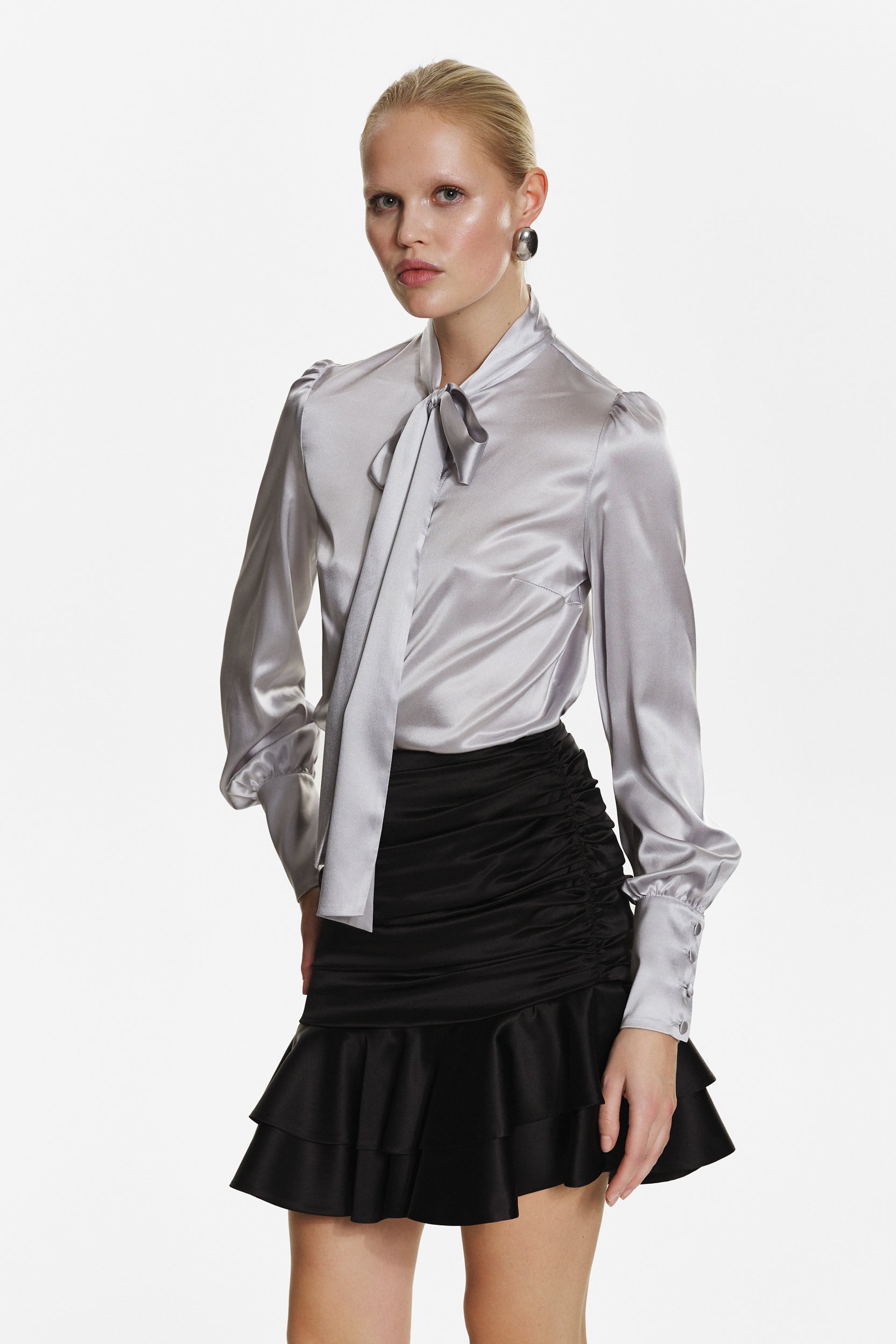 Silk pussy-bow shirt in grey