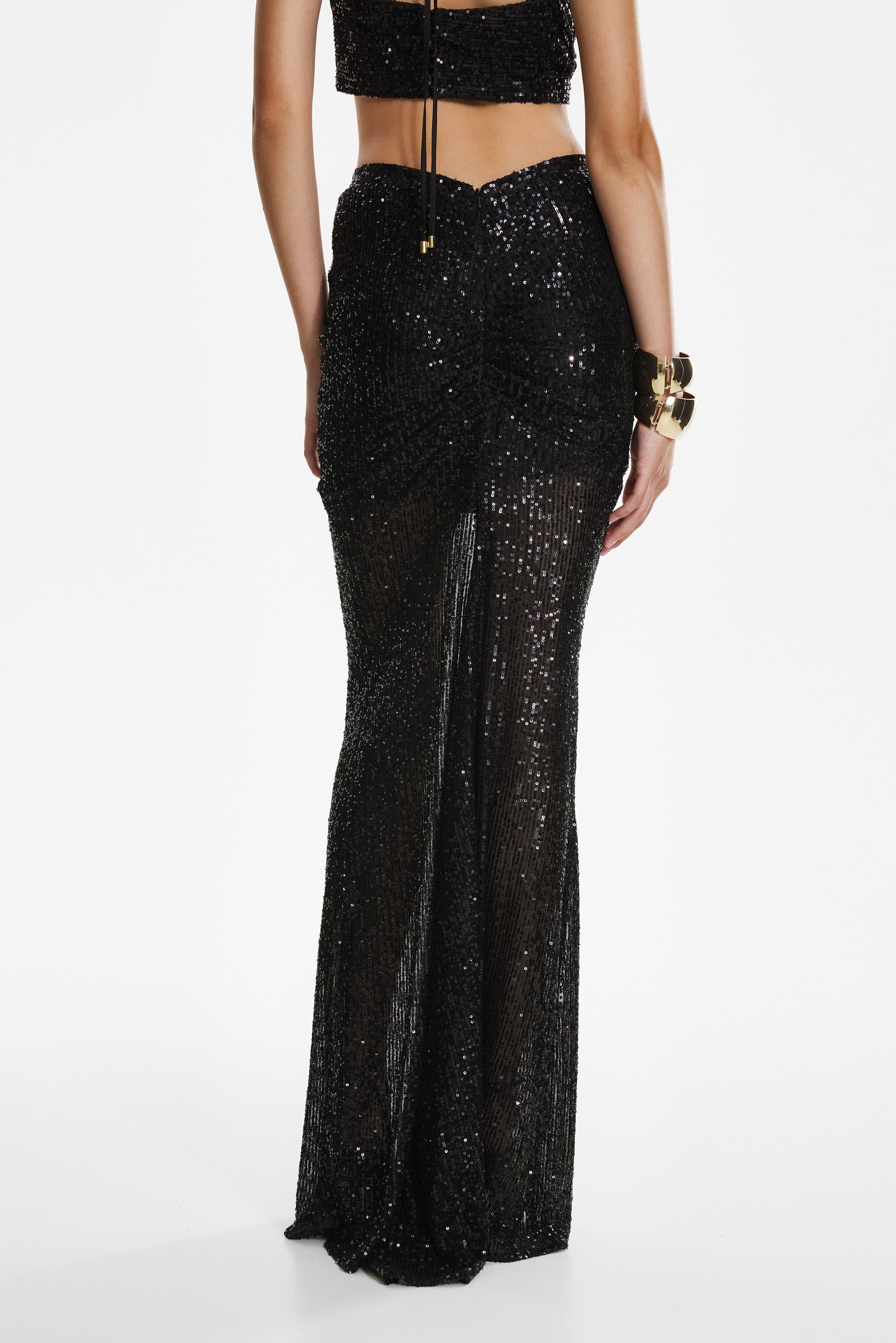 Black sequin ruched maxi skirt
