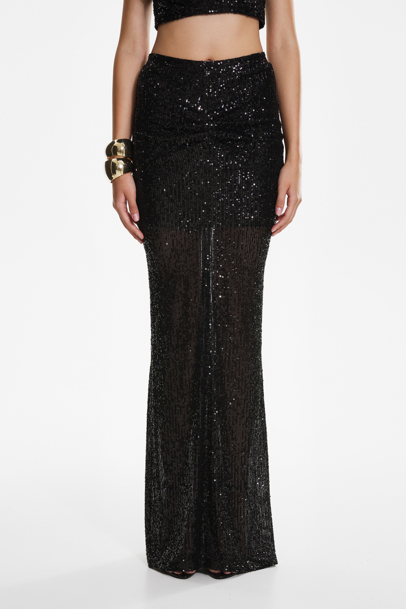 Black sequin ruched maxi skirt