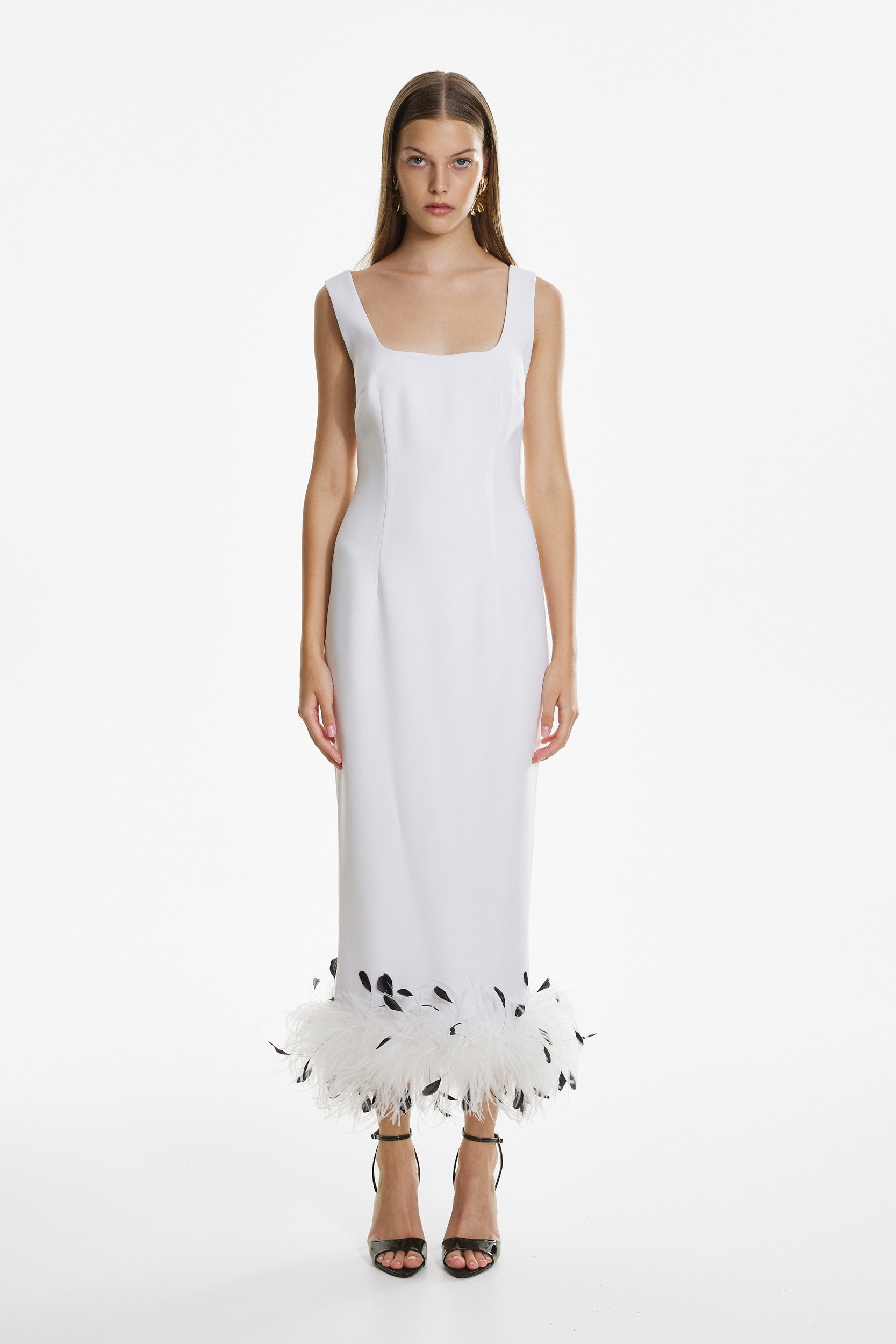 White crepe feather midi dress