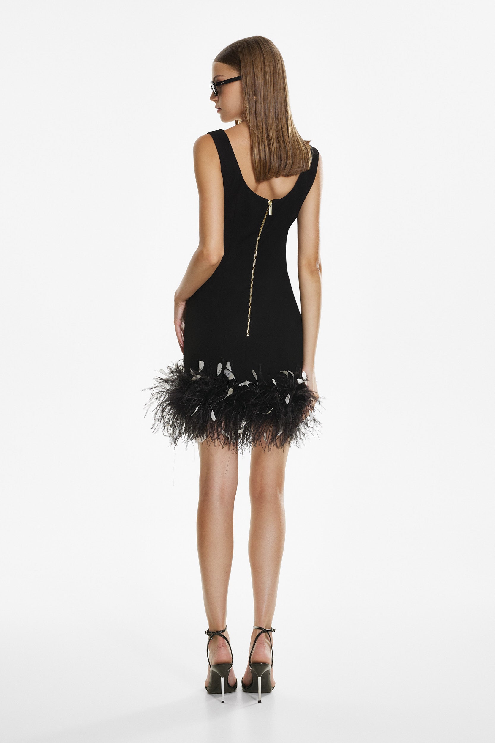 Black crepe feather mini dress