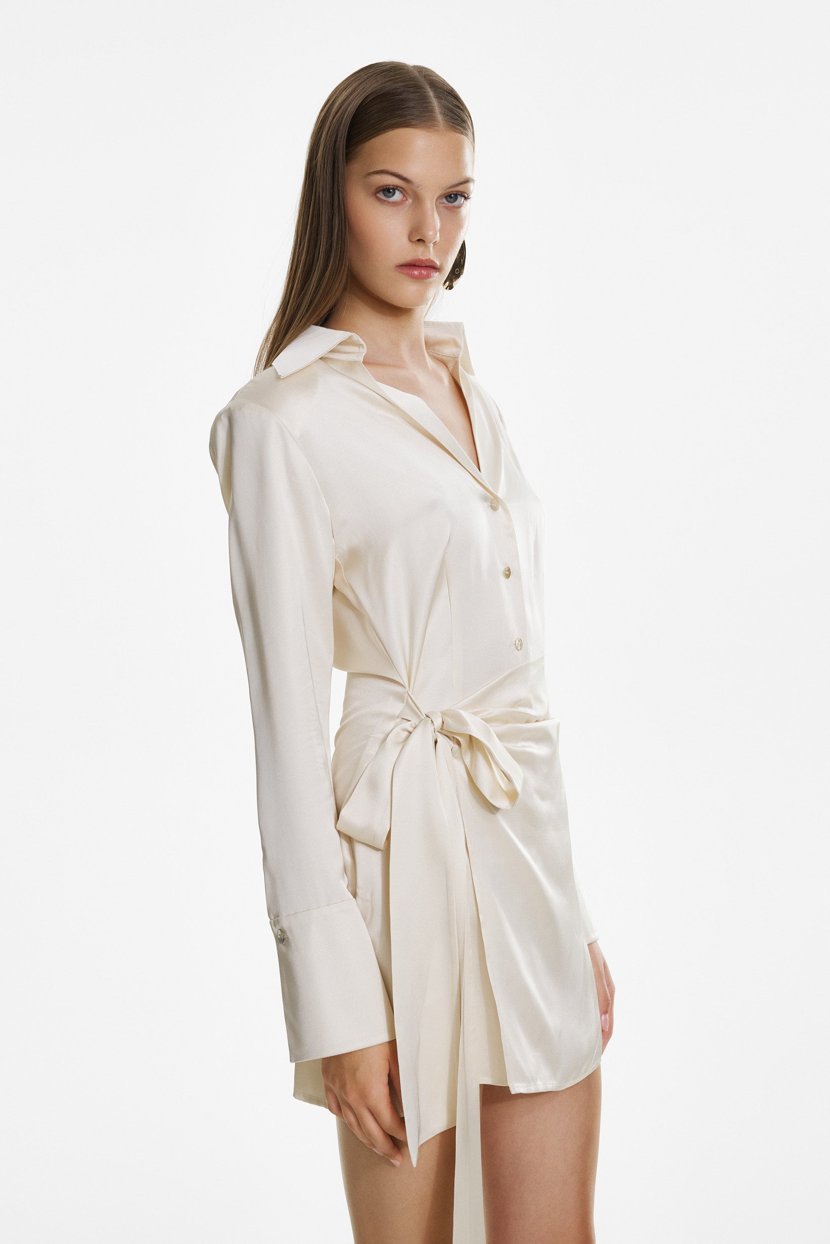 Cream satin mini wrap dress