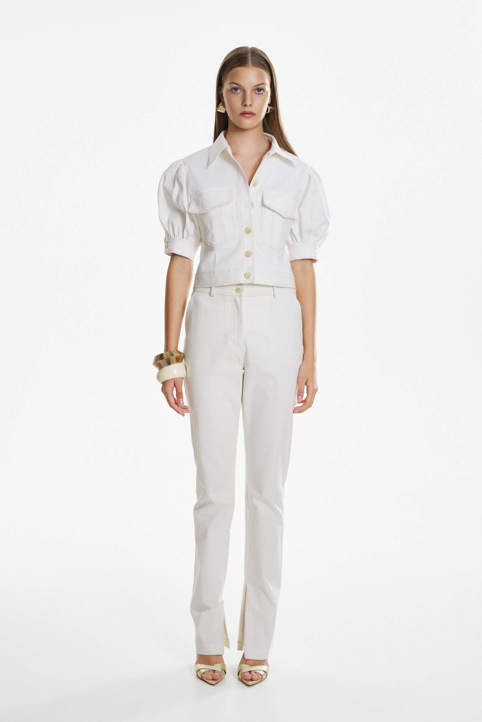 Topstitch detail cotton trousers in white