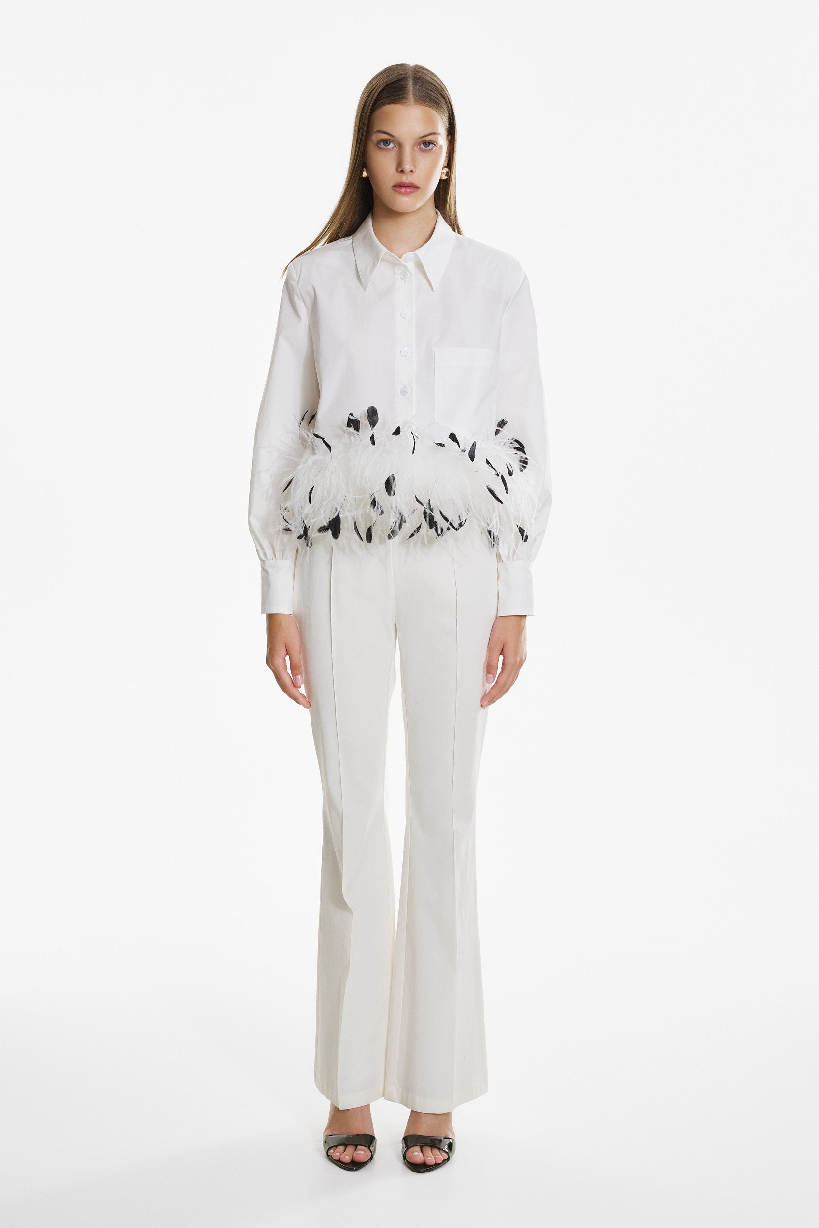 Cropped feather-trim white shirt