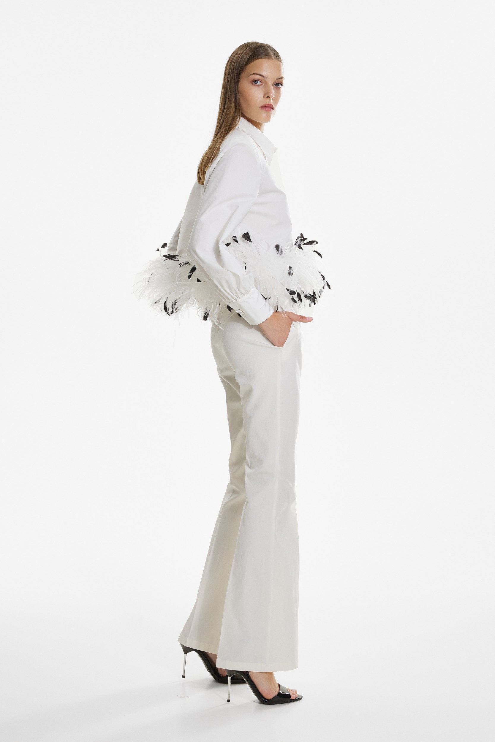 Cropped feather-trim white shirt