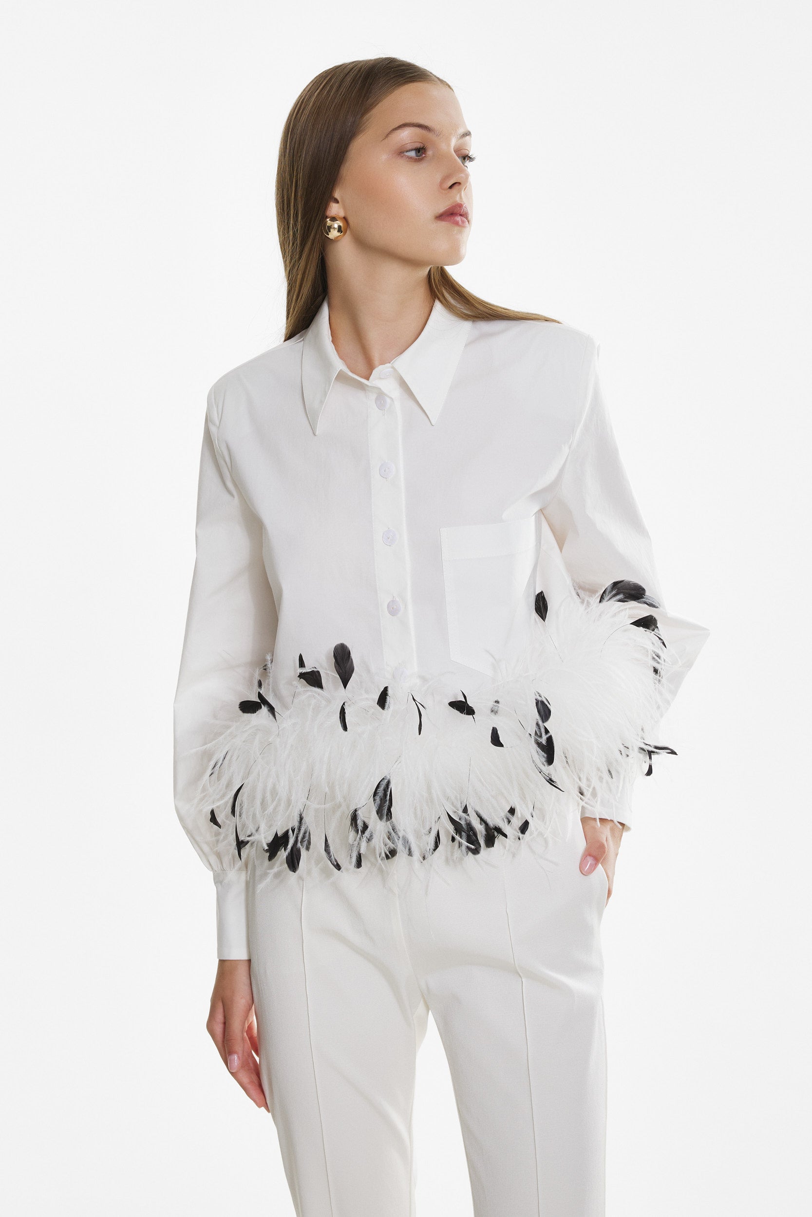 Cropped feather-trim white shirt