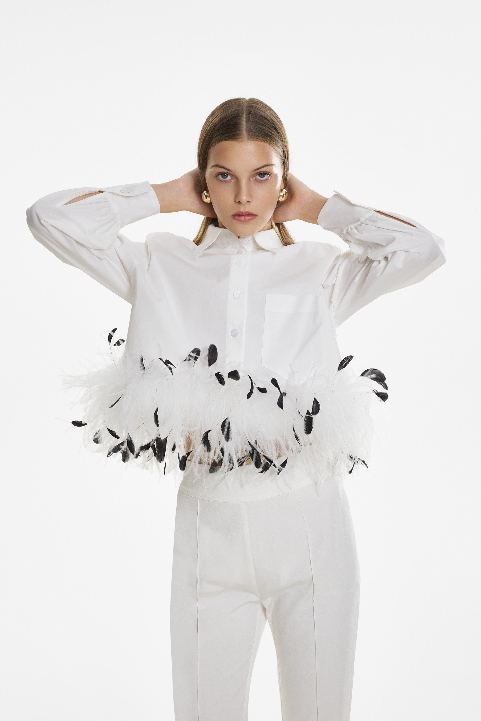 Cropped feather-trim white shirt