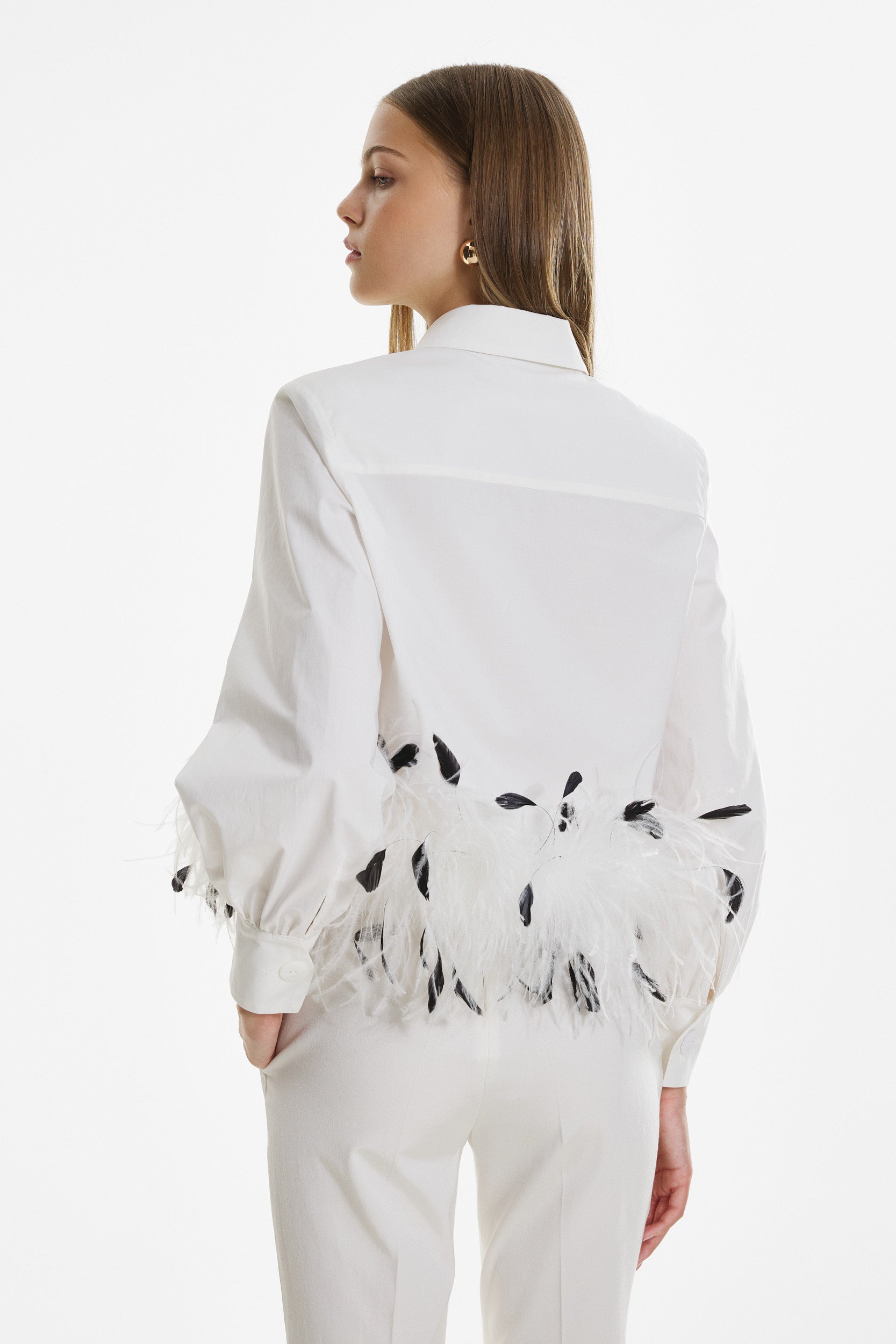 Cropped feather-trim white shirt