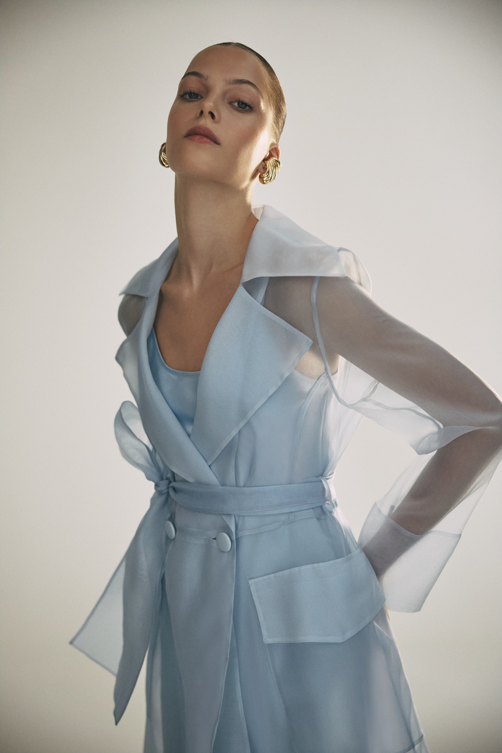See through blue organza trench dress