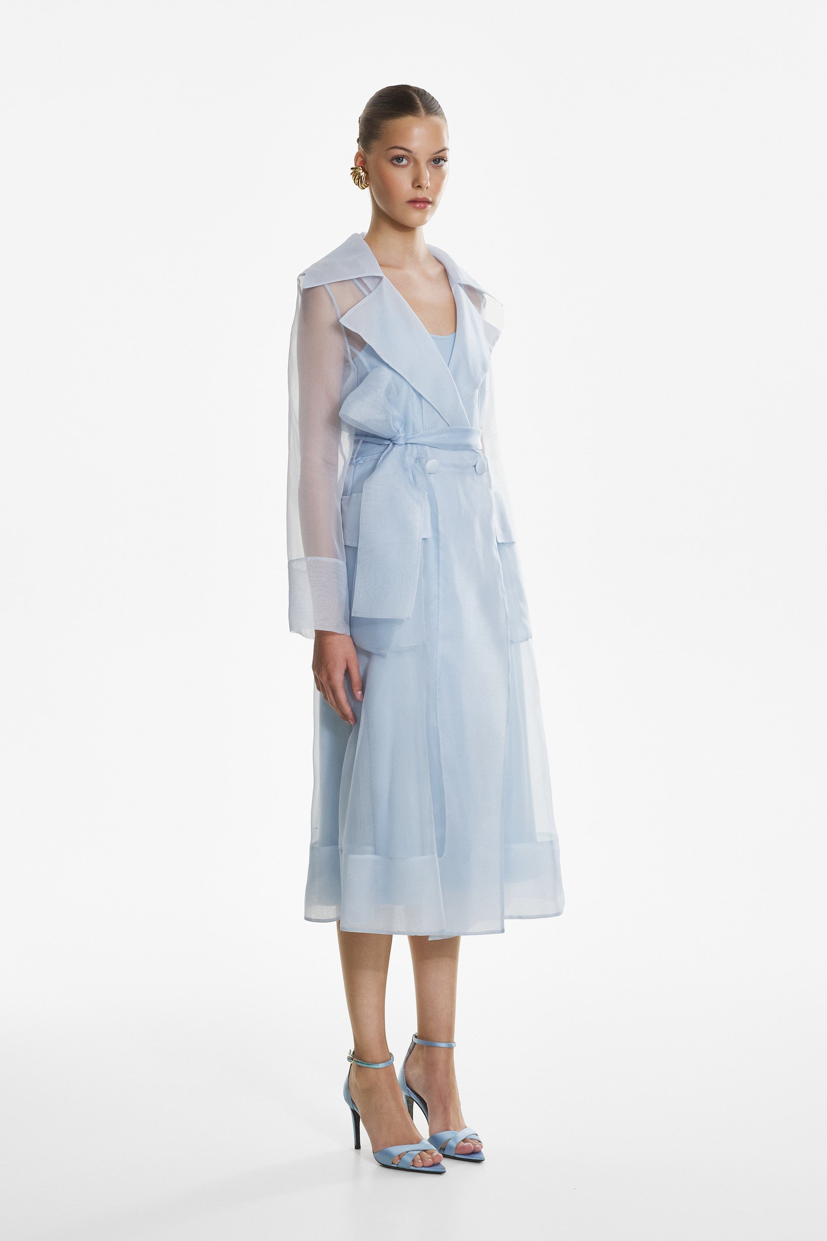 See through blue organza trench dress
