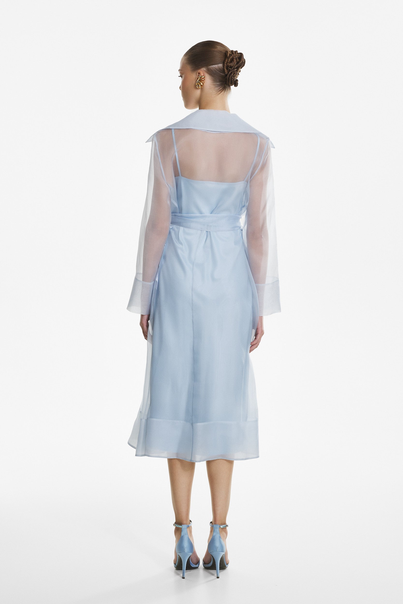 See through blue organza trench dress